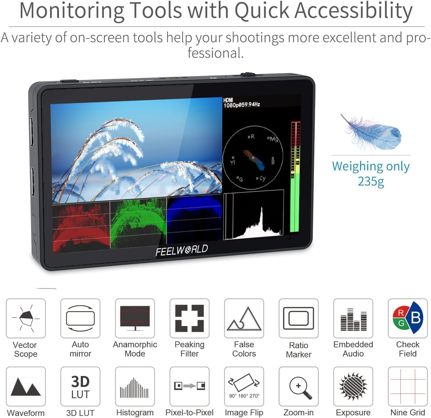 FEELWORLD F6 Plus V2 6 Inch DSLR Camera Field Monitor with Touch Screen, 3D LUT, Full HD 1920x1080, 4K HDMI 8.4V DC Input Output, Exposure Focus Assist Waveform Monitor