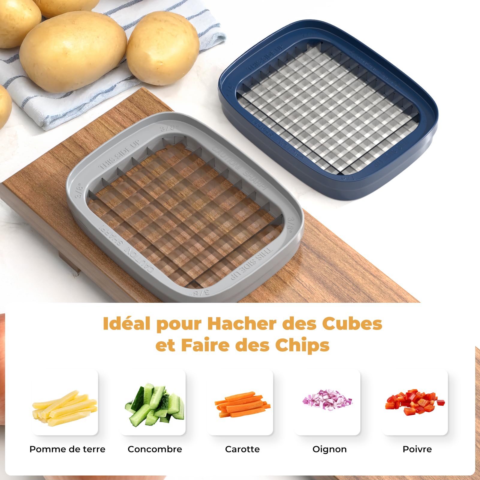 Coupe Frites Manuel, Coupe Frite Rapide avec 3 Lames en Acier Inoxydable, Coupe Pomme de Terre pour Frite, Coupe Legumes Multifonctions Parfait pour Fruits et Légumes(Gris)