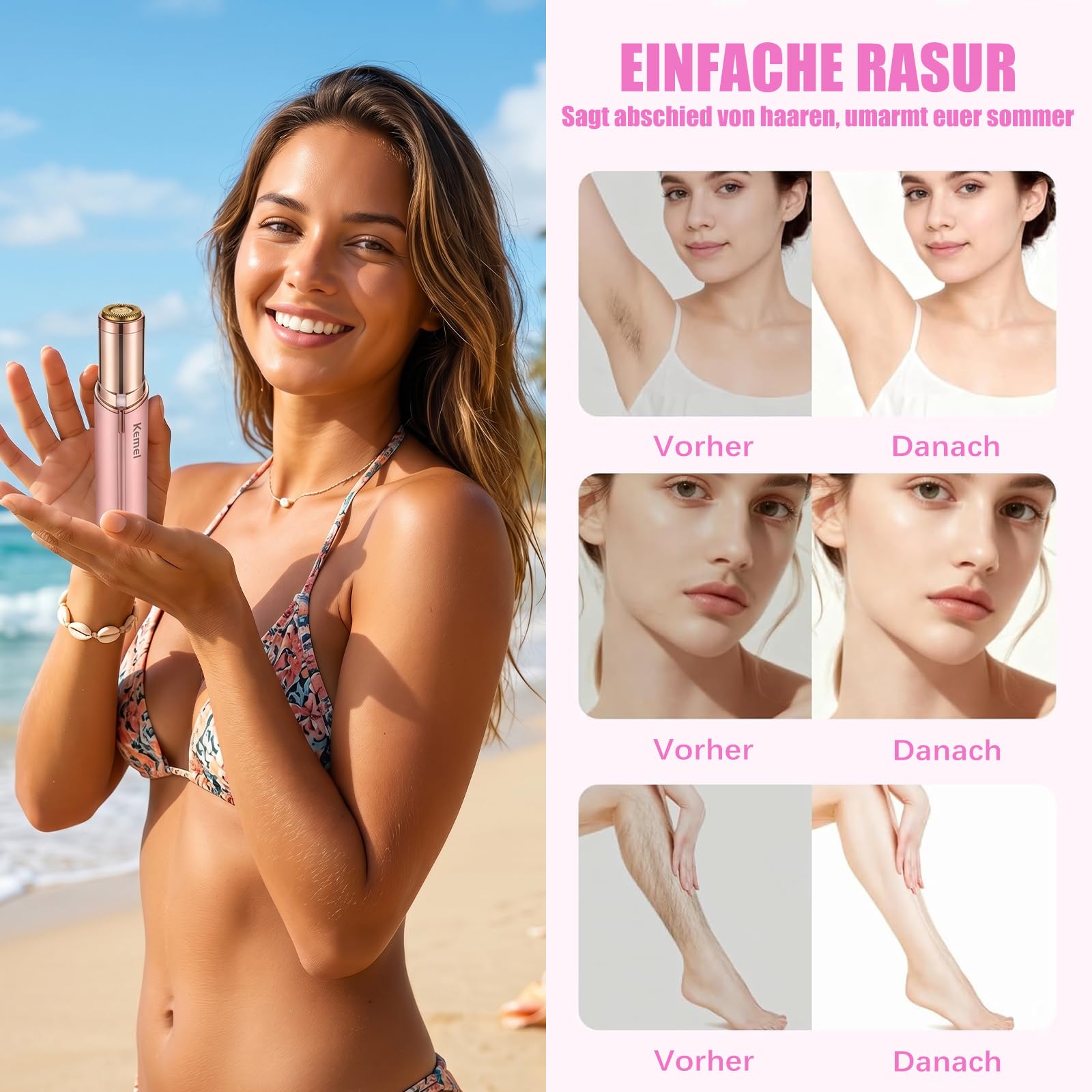 KEMEI 2-in-1 Elektrischer Damenrasierer & Trimmer, Kabelloser Haartrimmer Intimbereich, Keramikklinge & LED Licht, Sanfte Haarentfernung für Gesicht, Bikinizone, Achseln, Beine (Champagne)