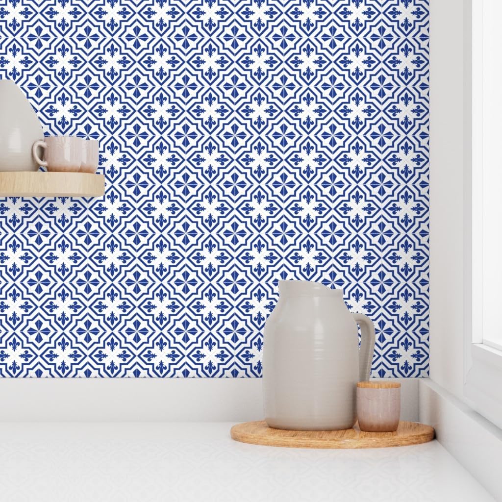 Removable Wallpaper 3ft x 2ft - Delft Fleur Blue White Geometric Pattern Cobalt Spanish Tiles Floral Squares Abstract Kitchen Decor Custom Pre-Pasted Wallpaper by Spoonflower