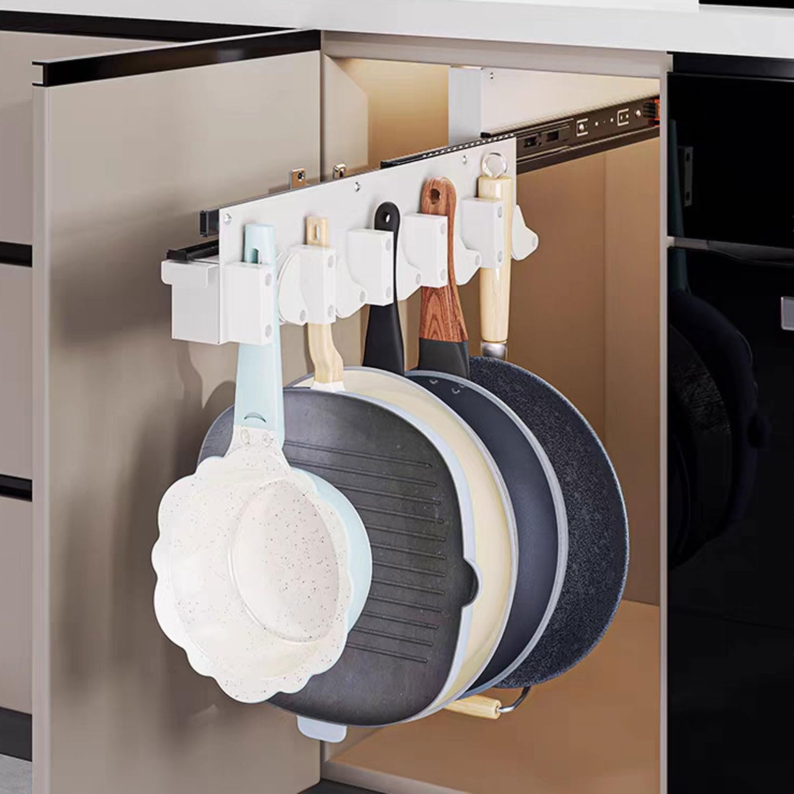 LHBM Pull Out Hanging Pot Rack with Hook for Cabinet Pull Out Pot and Pan organizer Adjustable Pot Racks with Sliding Rail Storage Utility Rack Used for Kitchen/Closet/Cupboard A,40cm