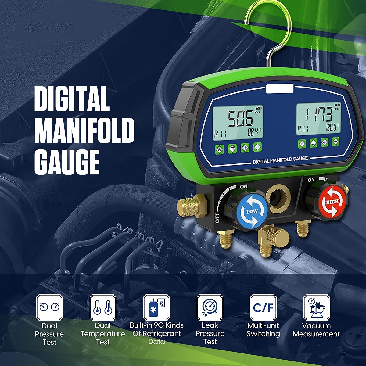 Digital Manifold Dual Gauge Set HVAC, Refrigeration Vacuum Pressure Temperature Leakage Tester Dignostic Tool with Three Modes for 90 Kinds Refrigerants