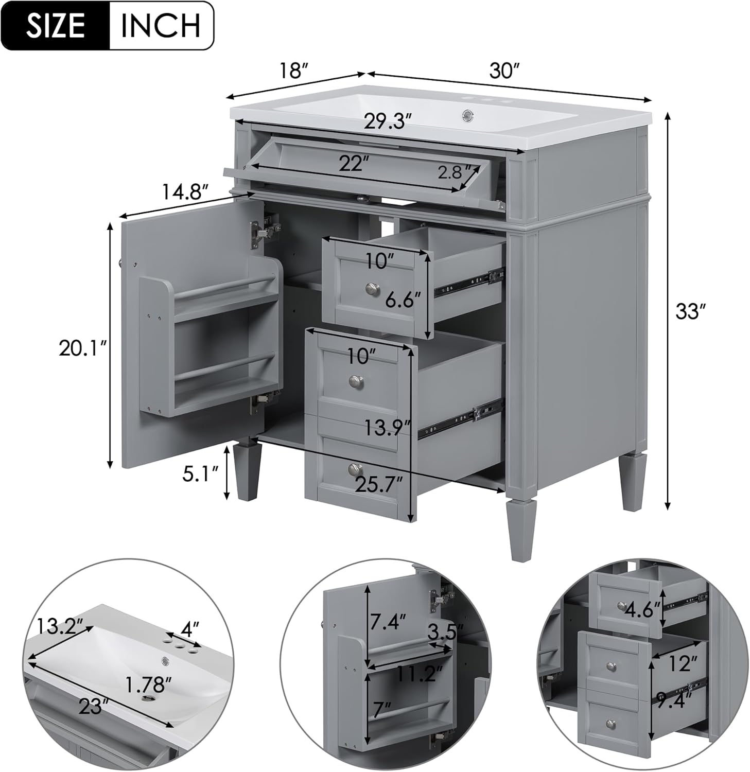 LUMISOL 30" Bathroom Vanity with Sink Combo, Modern Bathroom Storage Cabinet with a Tip-Out Drawer & 2 Drawers, Freestanding Bathroom Vanities with Undermount Sink, Grey