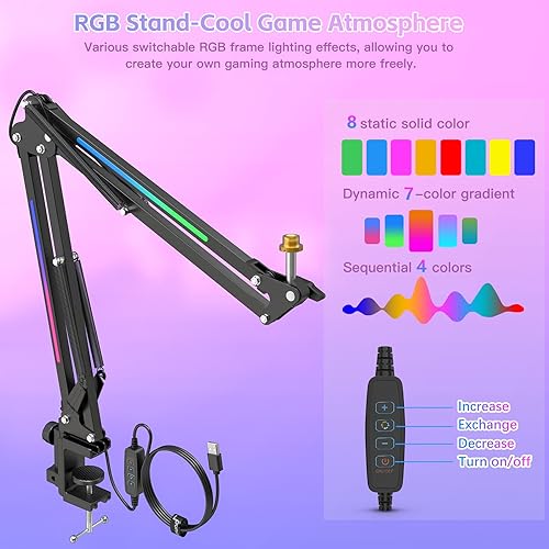 Miniatura 2 de ZealSound Soporte de brazo de micrófono RGB, brazo de micrófono con luz RGB para QuadCast/Blue Yeti/Snowball/Shure SM7B/Rode NT1/Elgato, soporte de