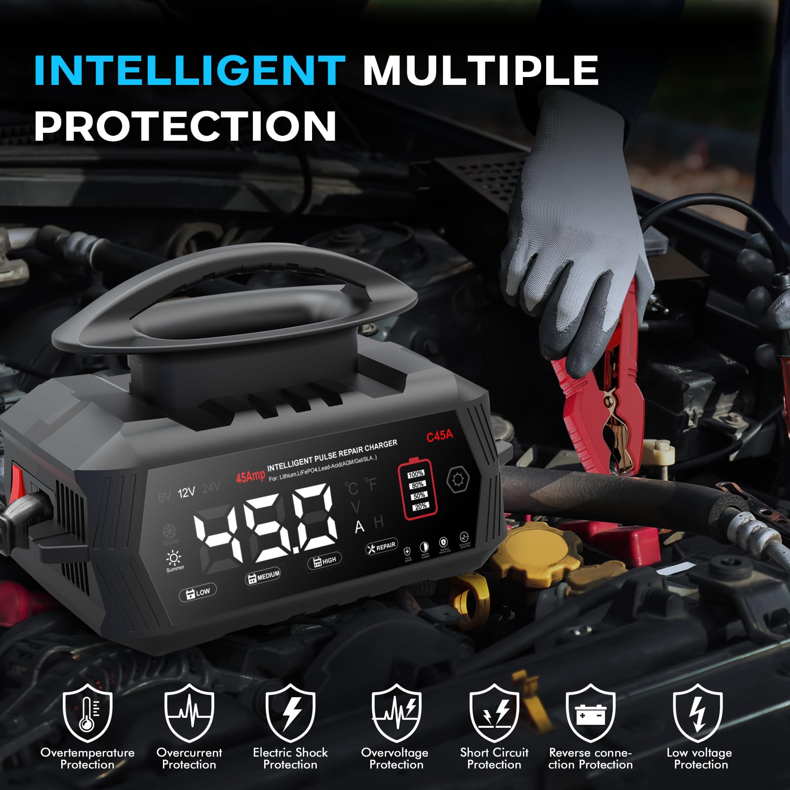 45A 6V/12V/24V Autobatterieladegerät-Haisito Intelligentes Ladegerät mit LCD-Display, Batteriepfleger,Erhaltungsladung&Entsulfatierung für AGM,Lithi,LiFePO4,Blei-Säure(Motorrad Wohnmobil, Caravan)
