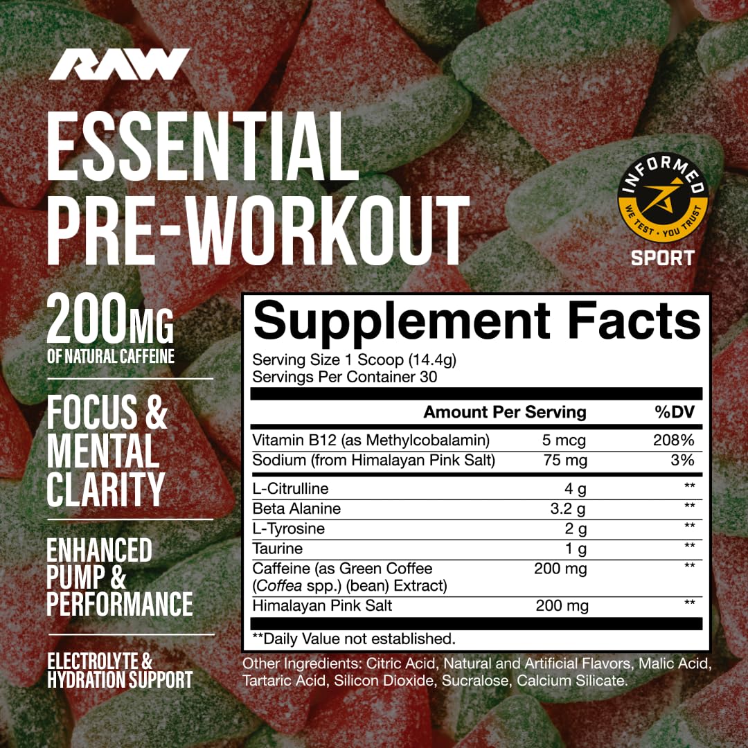 RAW Essential Pre-Workout Powder (Sour Watermelon) - Chris Bumstead Sports Nutrition Supplement for Men & Women - Preworkout Energy Powder with Caffeine, L-Citrulline, L-Tyrosine, & Beta Alanine Blend — Amazon image 9