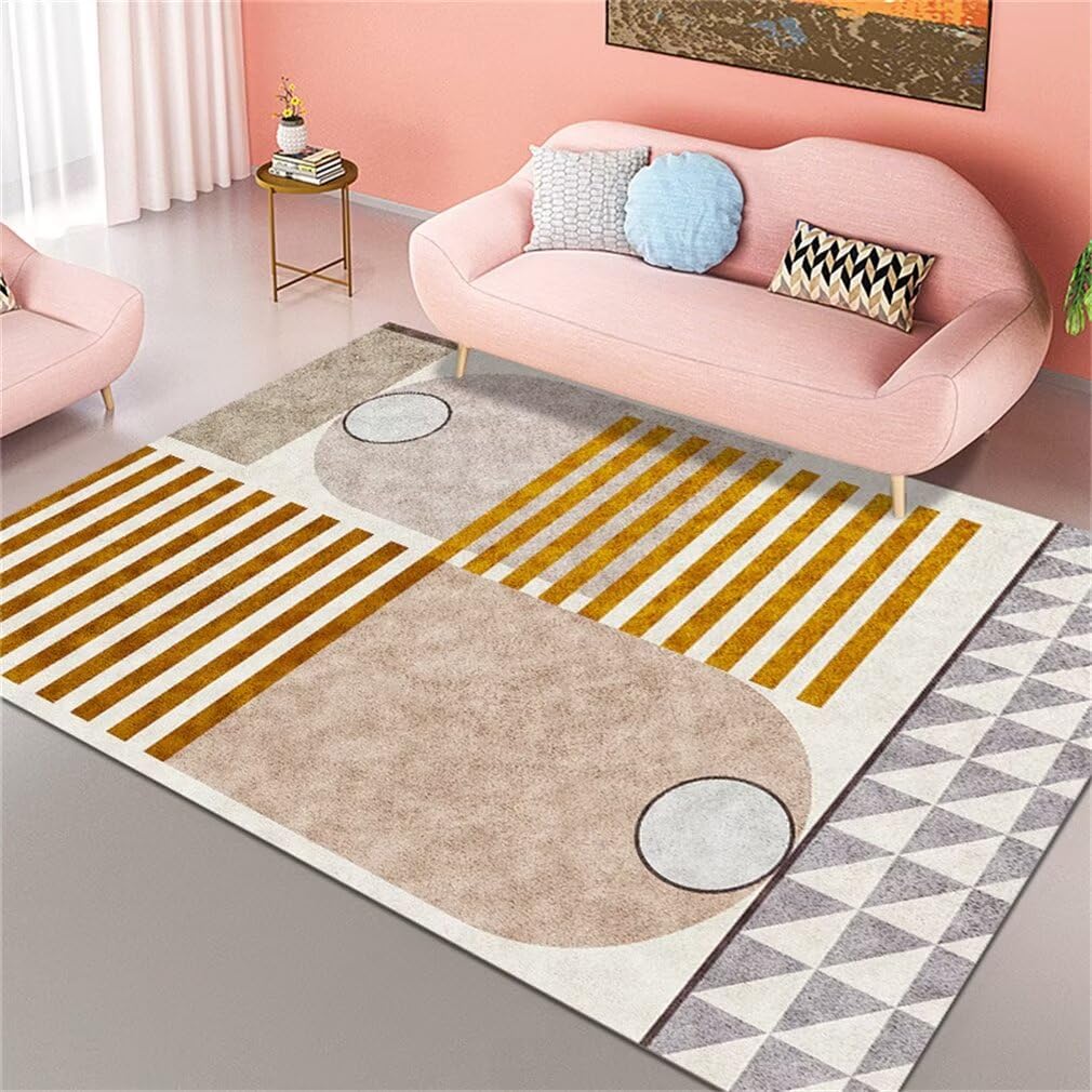 Tapis de salon au design rayé moderne jaune et finitions haut de gamme