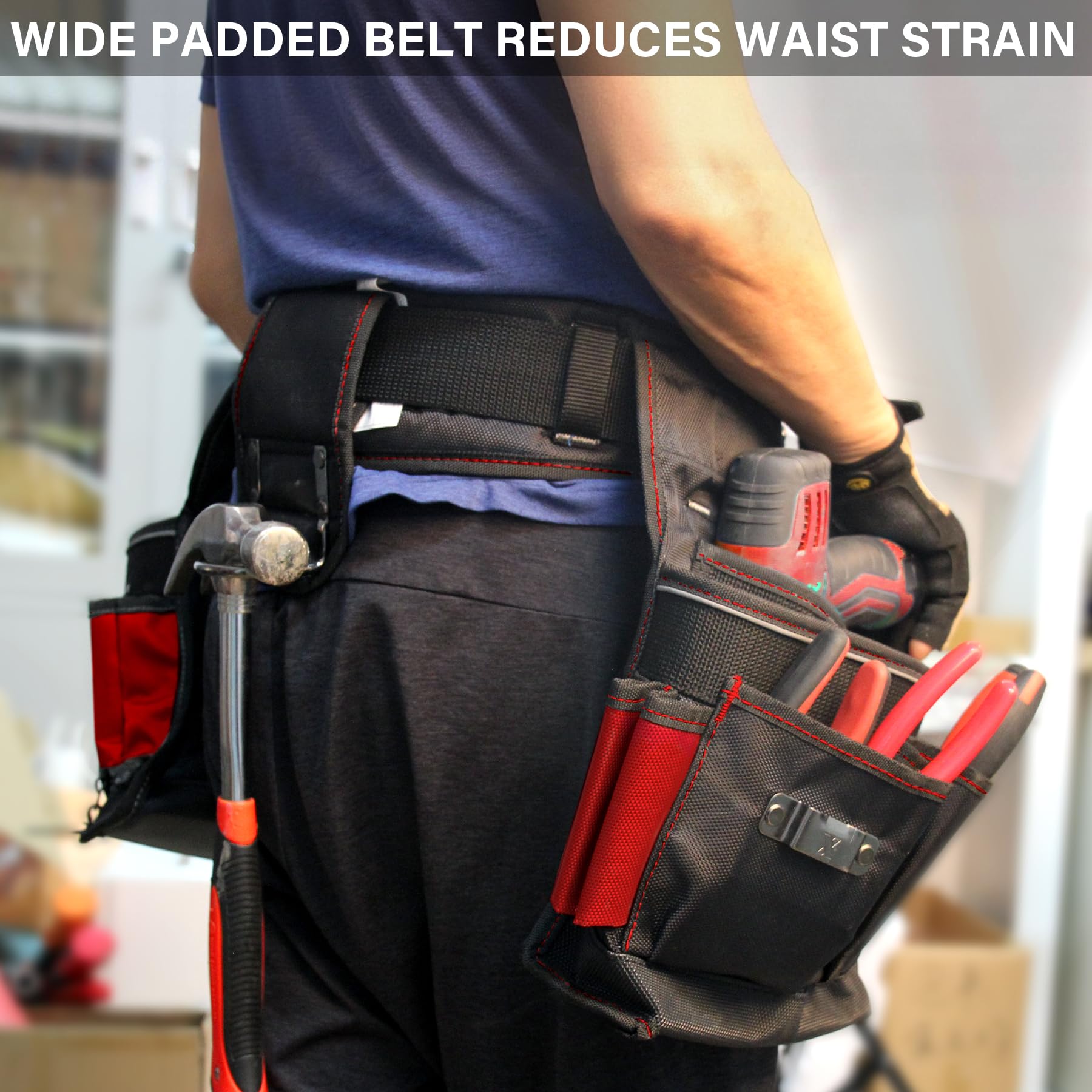 HAUTMEC HT0177 Ceinture à outils robuste pour électricien avec Oxford 1680D durable 20 poches avec sangle de taille rembourrée réglable et support pour marteau
