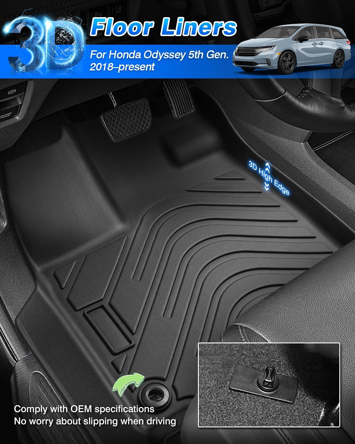 Odyssey Floor Mats & Cargo Liner Fit for Honda Odyssey 2018-2024 2025, All Weather Floor Liner and Trunk Mat for Odyssey Accessories, Heavy Duty TPE Black - Image 2