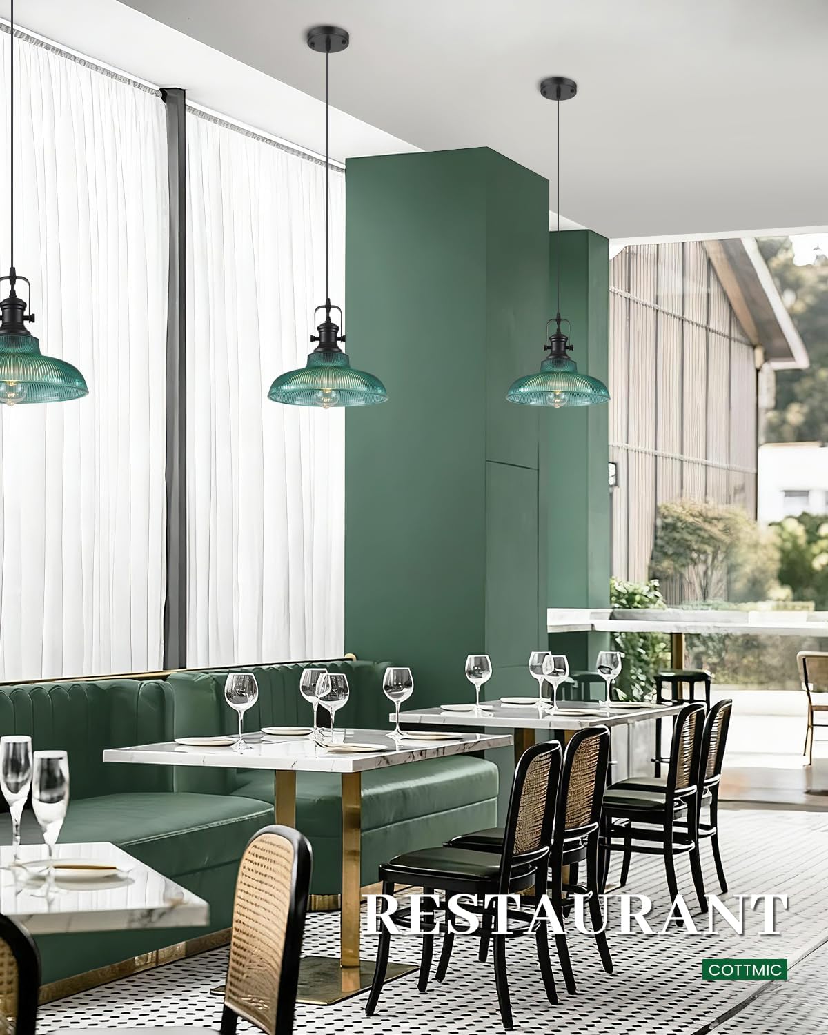 Green Glass Pendant Lights Kitchen Island, 12in, Ribbed Glass Kitchen Pendant Lights Fixture, Farmhouse Pendant Lighting for Dining Room Bedroom Bar Sink, 2 Pack