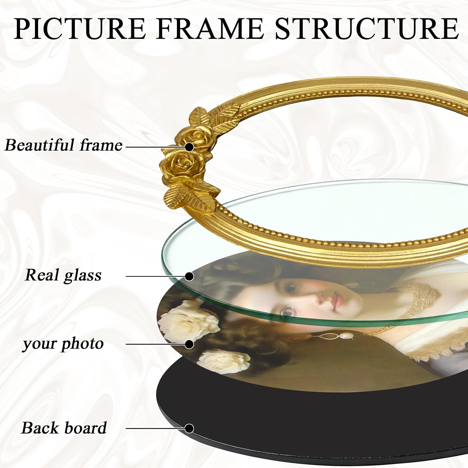 6x8 Vintage Gold Oval Picture Frame, Ornate Photo Frame with Rose Floral Top, Elegant Picture Frame for for Wall or Tabletop Display, Gift ldeas for Home Decor