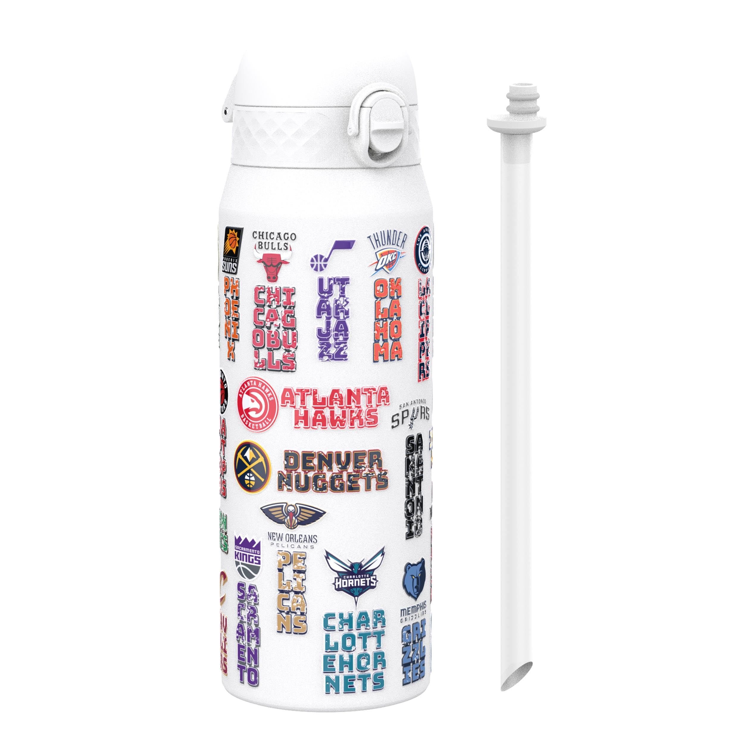 Ion8 NBA Patch Logos Sports Thermal Water Bottle with Removable Straw, 750ml/24oz, Leak-proof Insulated Drinking Bottle, Easy to Open, Secure Lock, Dishwasher Safe, Flip Cover, Metal Bottle