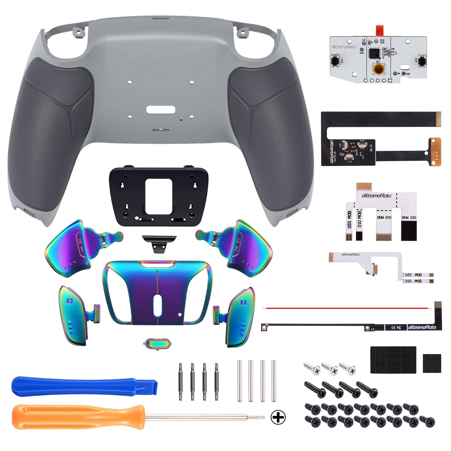 eXtremeRate Rise4 Remap Kit Metallo per ps5 Controller BDM-010/020, 4 Palette Paddles Back Button Programmabili per ps5 Joystick, Cover Grip&Tasti Posteriori Accessori Kit-Grigio Blu Viola