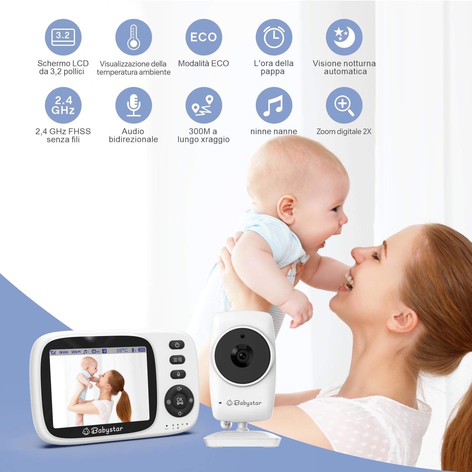 Babystar Babyphone con fotocamera, video da 3,2 pollici, visione notturna, monitoraggio della temperatura, modulo VOX a due vie, baby monitor da 2,4 GHz, ideale per genitori
