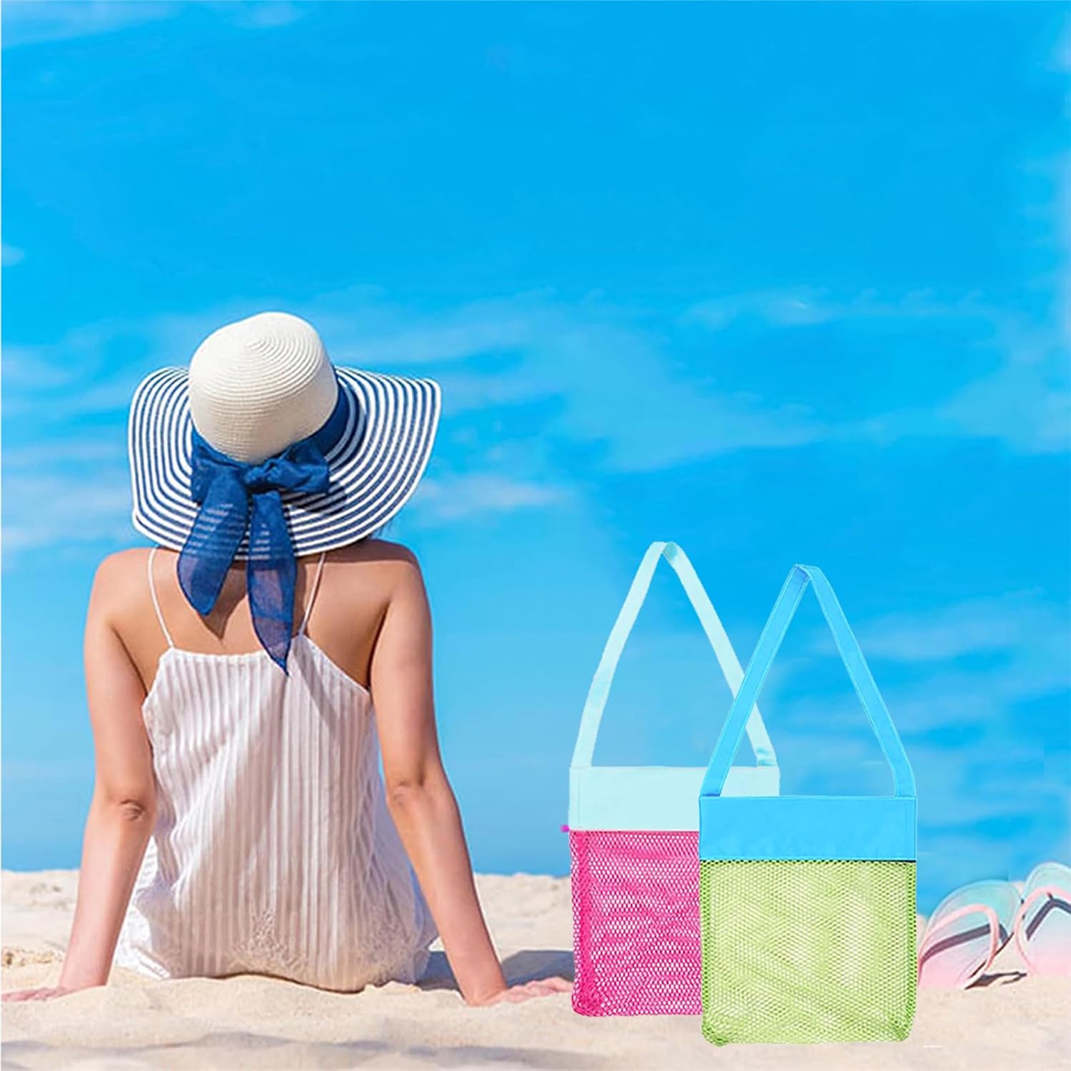 AUONY Beach Mesh Bags, Sand Away Seashell Tote Bags with Adjustable Carrying Straps for Kid's Shell Collection