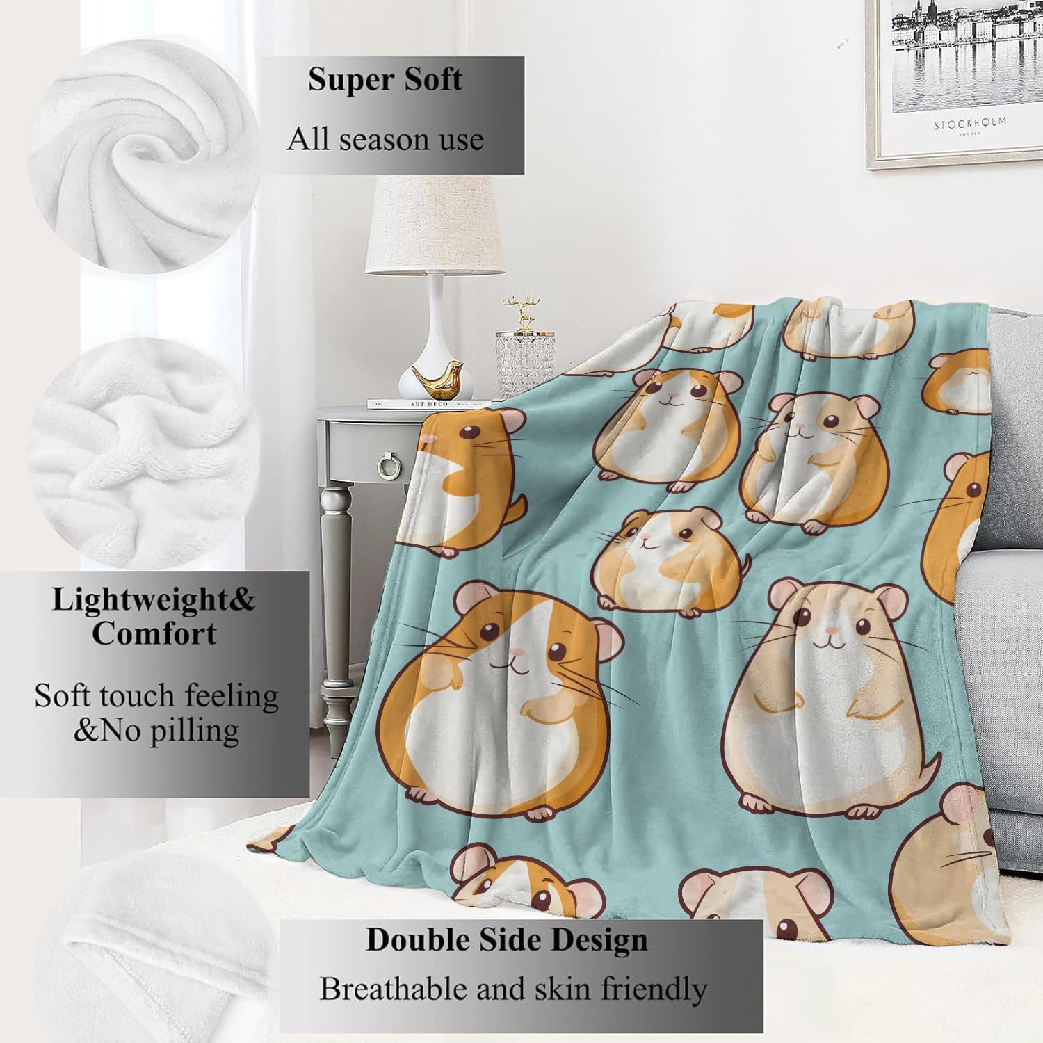 Cartoon Hamster Blanket,50x60in,Cute Animal Aqua Blue Throw Blankets,Birthday Gifts for Kids Adult & Pet Lovers, Lightweight Soft Fleece,for Sofa Couch Bed Room Modern Decor