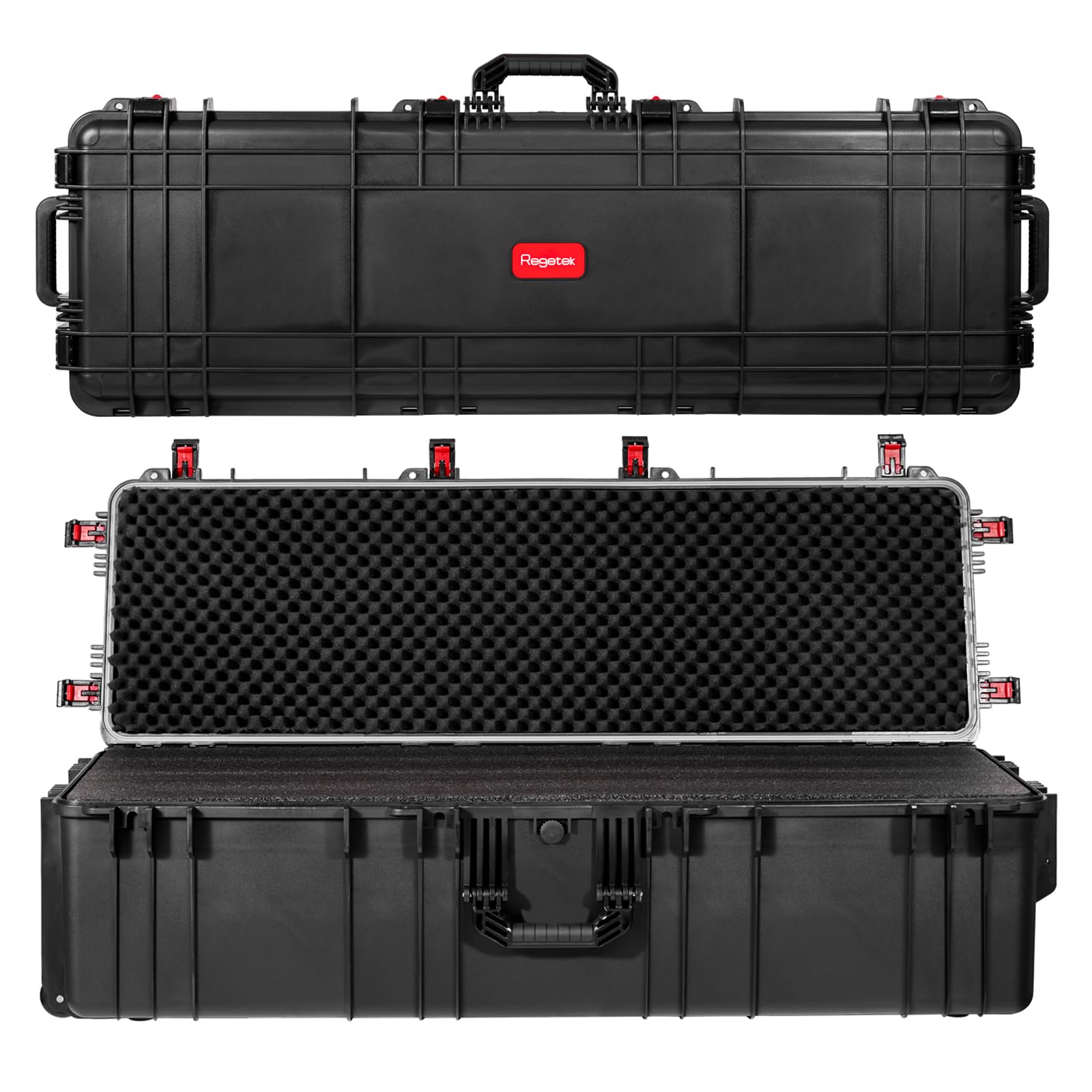 Regetek Waterproof Rolling Case 52 x 17x 13 Inch, with Foam/Wheels/ 3 Large Handles for Camera, Tool, Equipment, Crushproof, Lockable, Transport Roller Hard Case, Inner 48.42