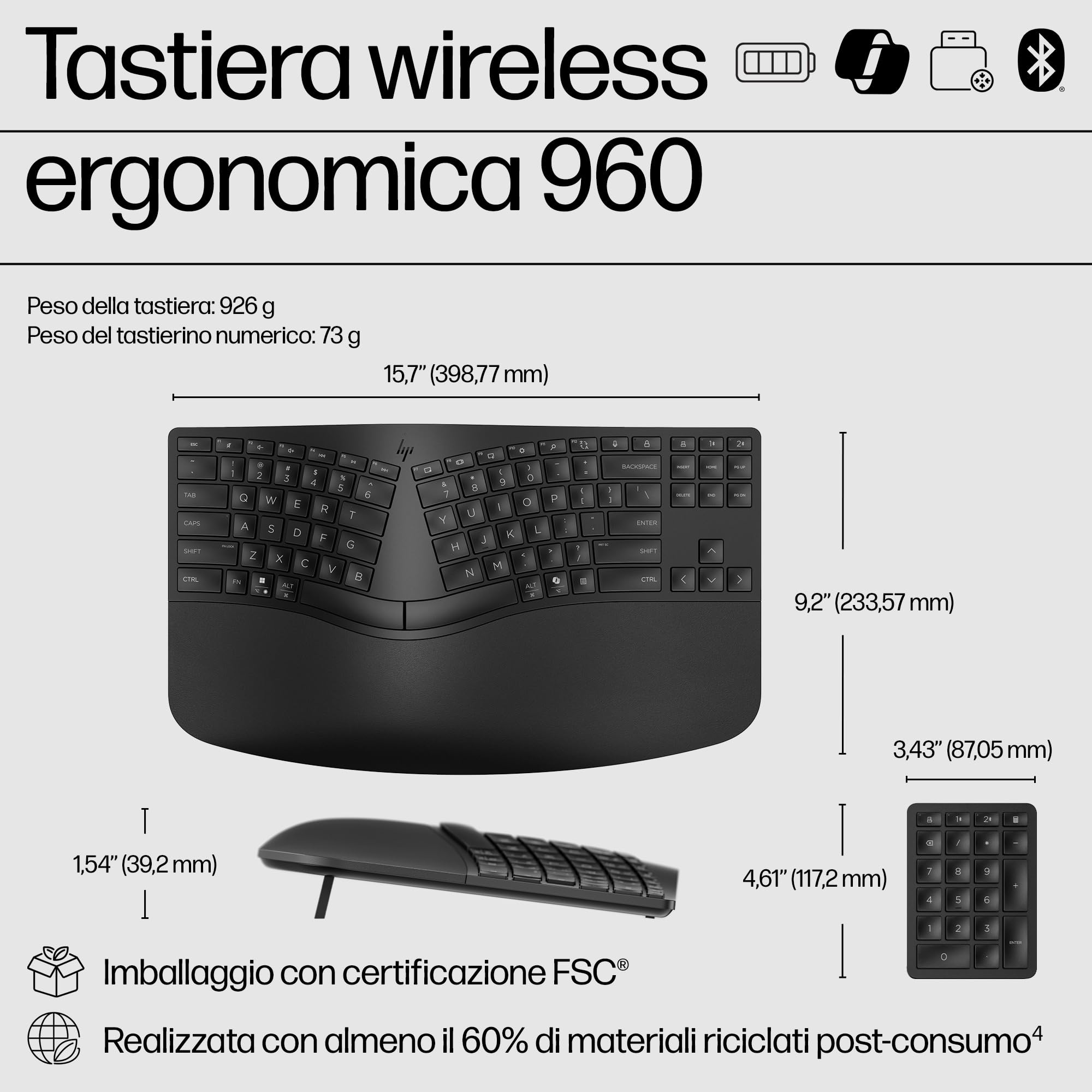HP 960 bezprzewodowa ergonomiczna klawiatura, szybkie połączenie Swift Pair i Unifying Dongle, 20 programowalnych klawiszy, standard Intel Evo, wiele urządzeń, przycisk Copilot, czas pracy do 24