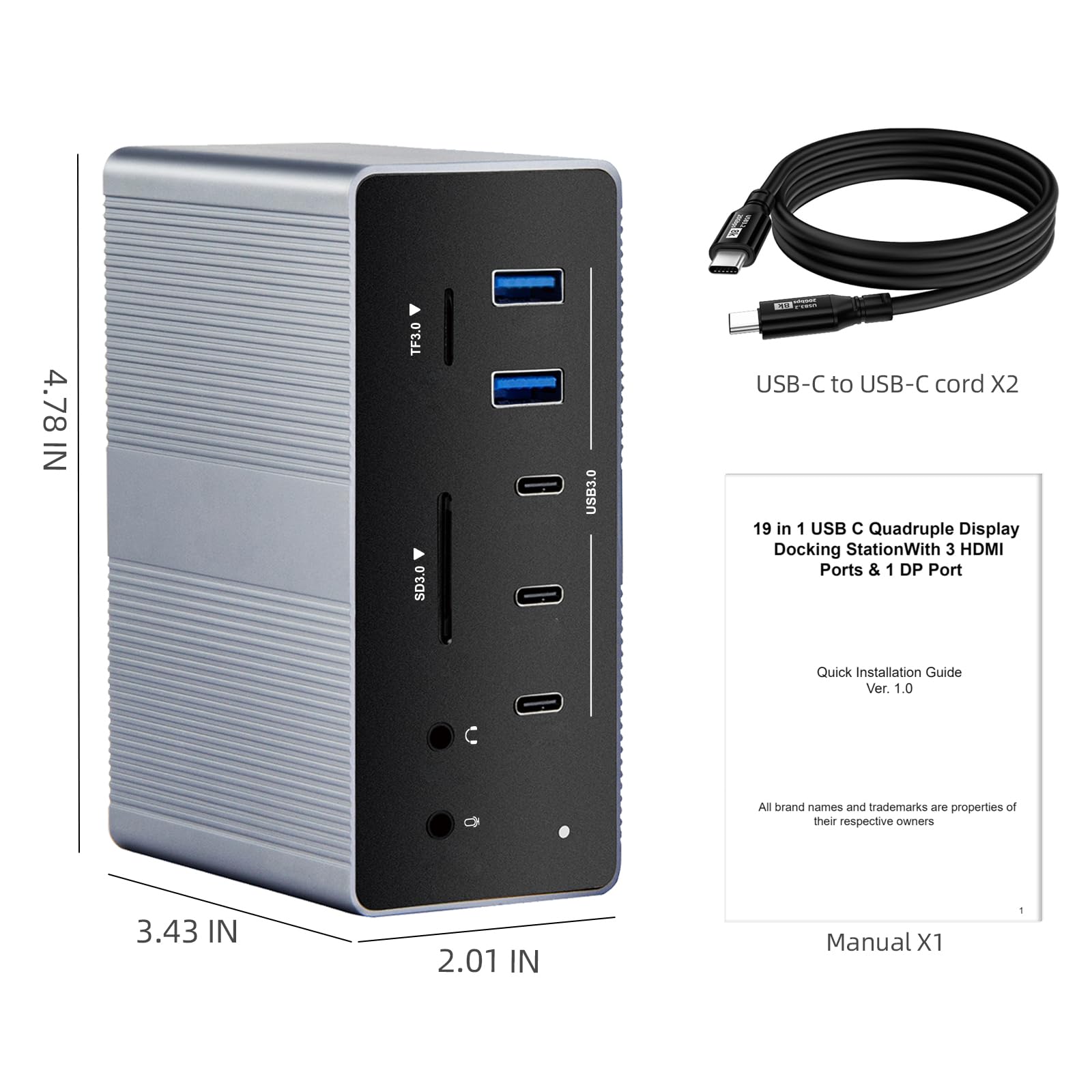 Station d'accueil USB C 19 en 1, Dock USB C Double Hôte avec 4 Écrans, Triple HDMI + DP, 8K@30Hz & Double 4K@60Hz, Hub USB Multiports avec PD 100W, RJ45 Gigabit, SD/TF, Audio pour Windows MacBook