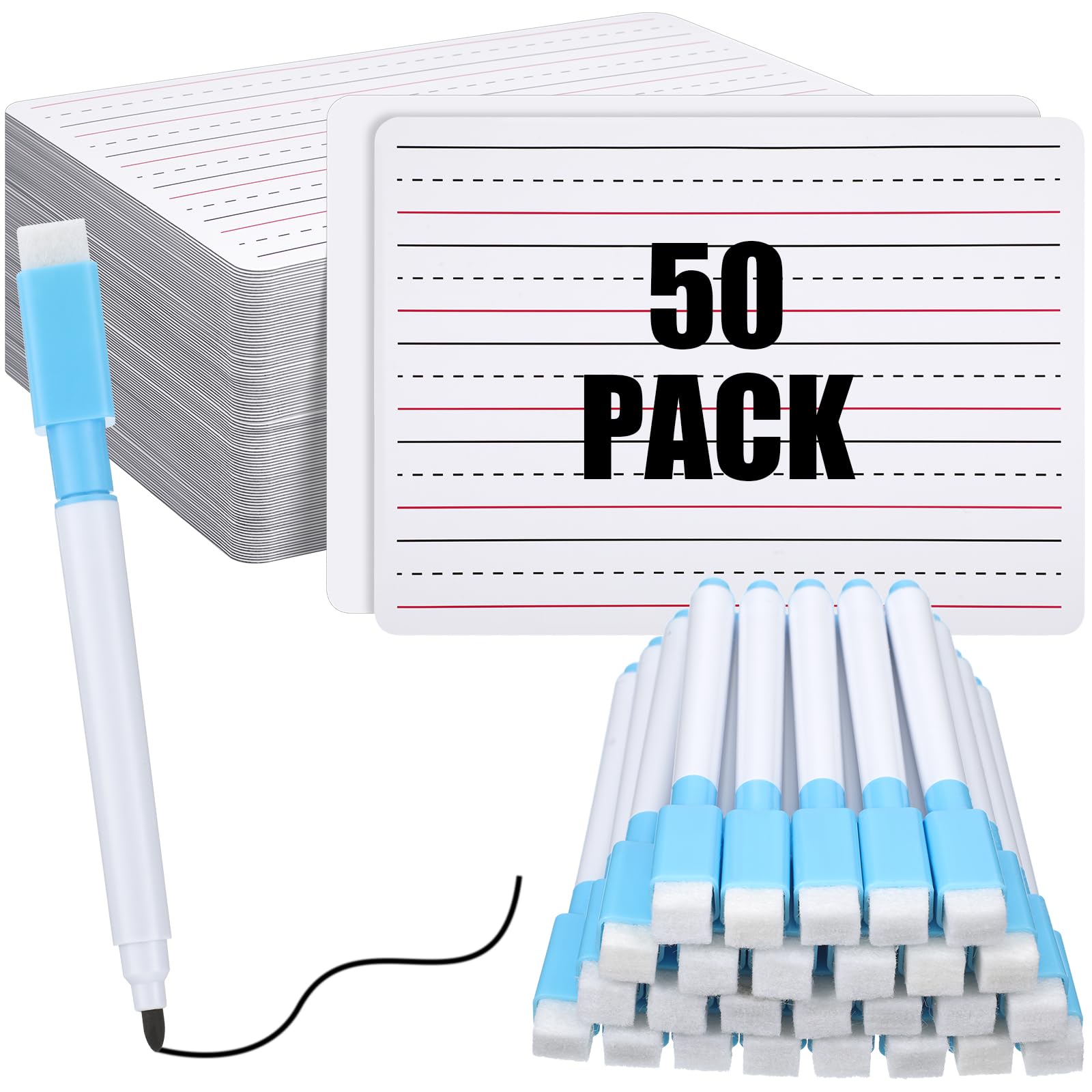 ReliThick 50 Pcs Lined Dry Erase Board Classroom with Markers 9 x 12 Inch Double Sided Whiteboard Student Whiteboards Dry Erase Lapboards with Lines Ruled Writing Board Handwriting Practice School