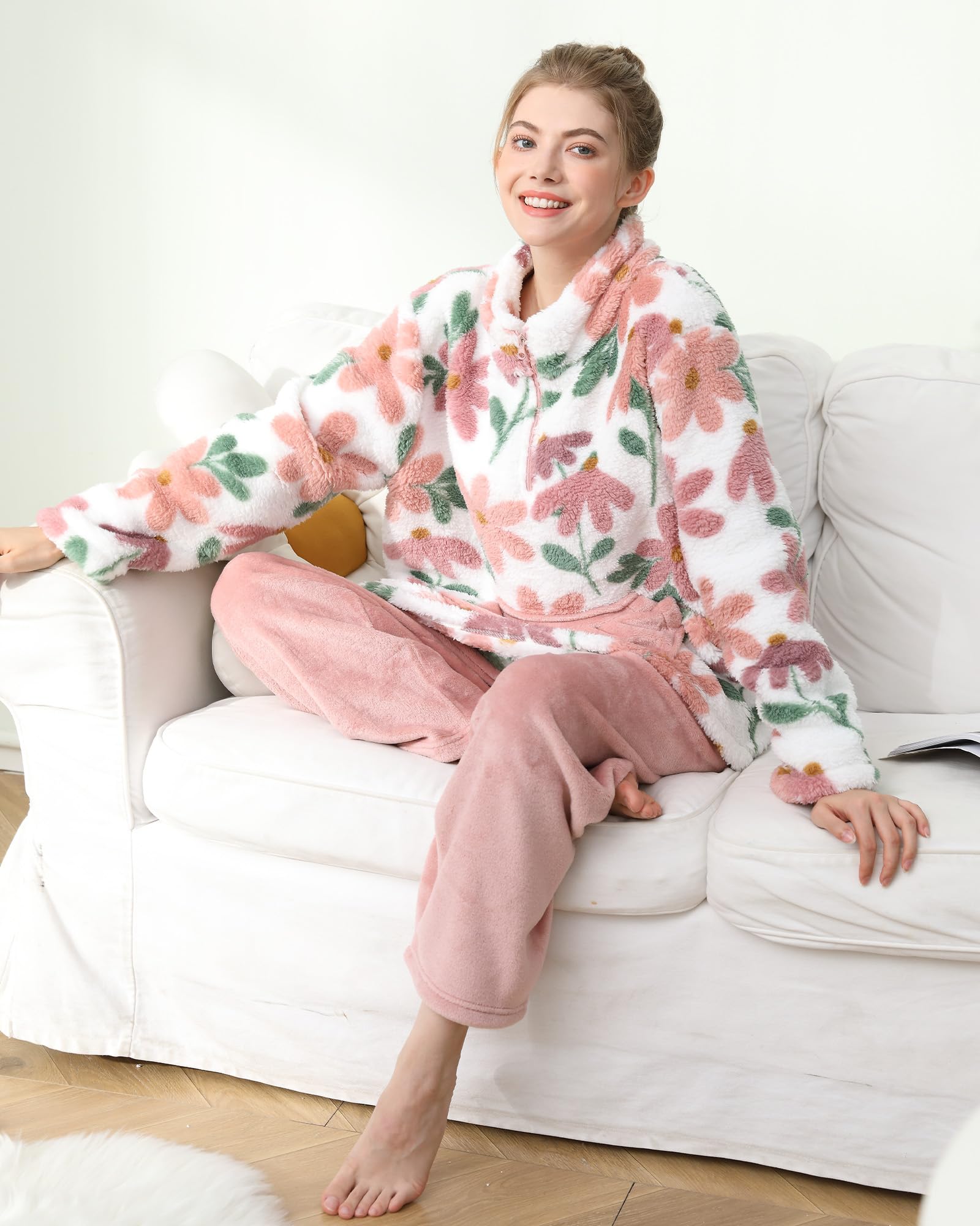 Pyjama 2 pièces en polaire pelucheuse pour femme - Ensemble de vêtements de nuit chauds - Pull haut et pantalon - Vêtements de nuit pour adolescentes et femmes, rose, L