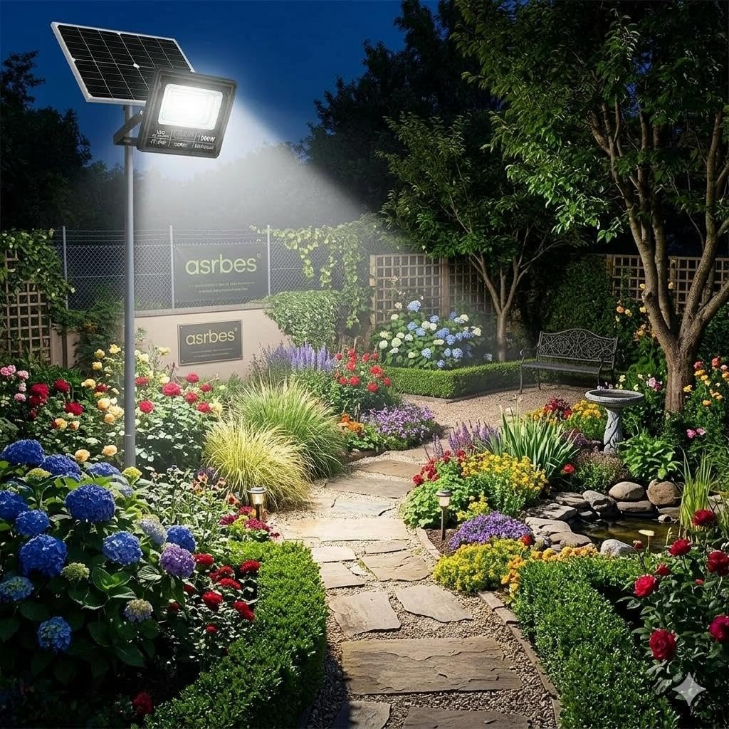 Generico LED Solare 1000W da Esterno, 7500K Luce Bianca Fredda, Alta Luminosità con Pannello Solare e Telecomando, Impermeabile IP66, Sensore Crepuscolare per Giardino