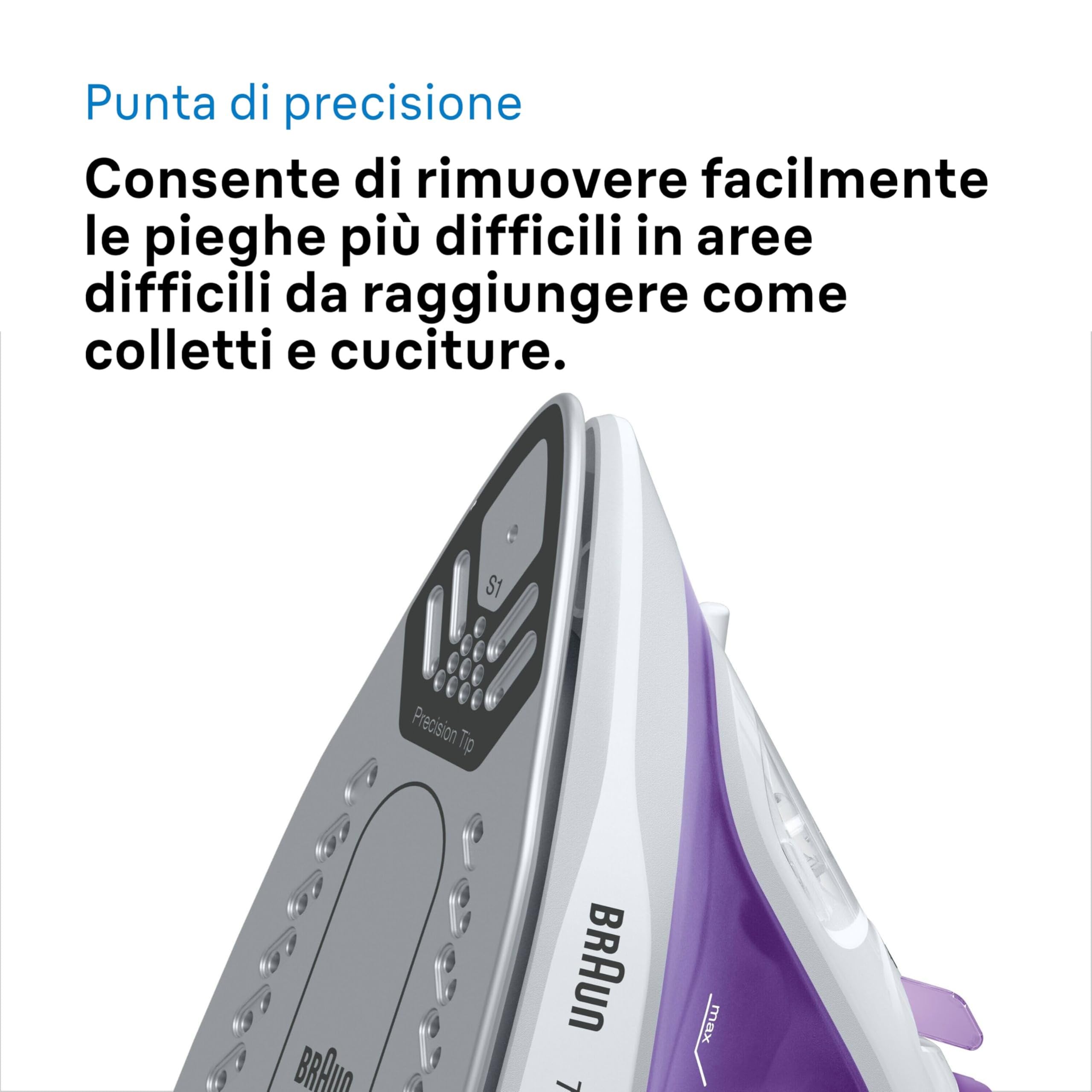 Braun TexStyle 1 SI1080VI, Ferro da Stiro CON 5 ANNI DI ASSISTENZA Piastra SuperCeramic, Punta di Precisione, 130g/min,Ricarica da 220ml, Eco Mode, Sistema Antigoccia, 2000W, Viola