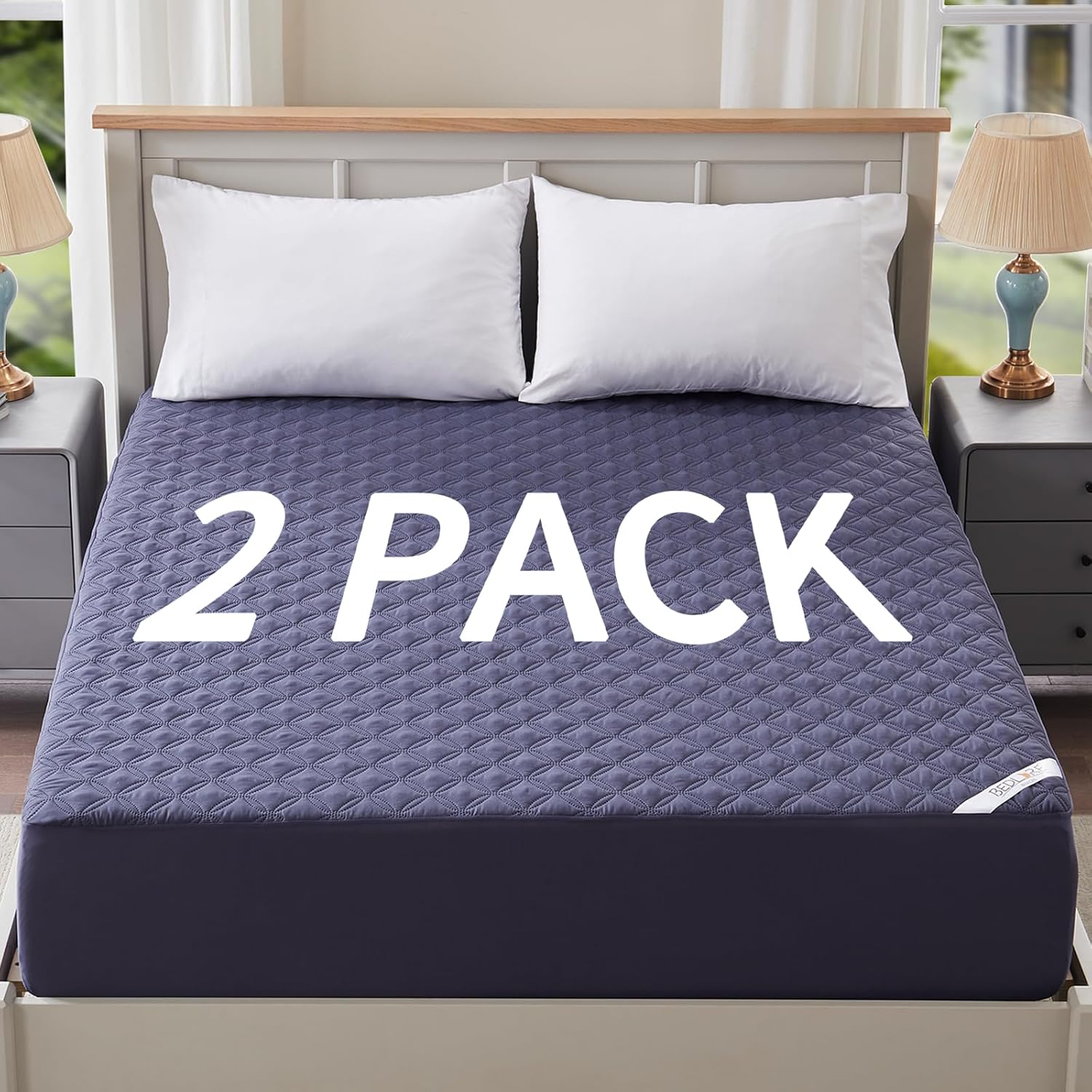BEDLORE 2 Pack Waterproof Mattress Protector, Full Size Pad with Deep Pocket 6"-15" Depth, Soft Breathable Dirt Proof Single Bed Mattress Cover for Bedroom, Dorm Room (Navy Blue)