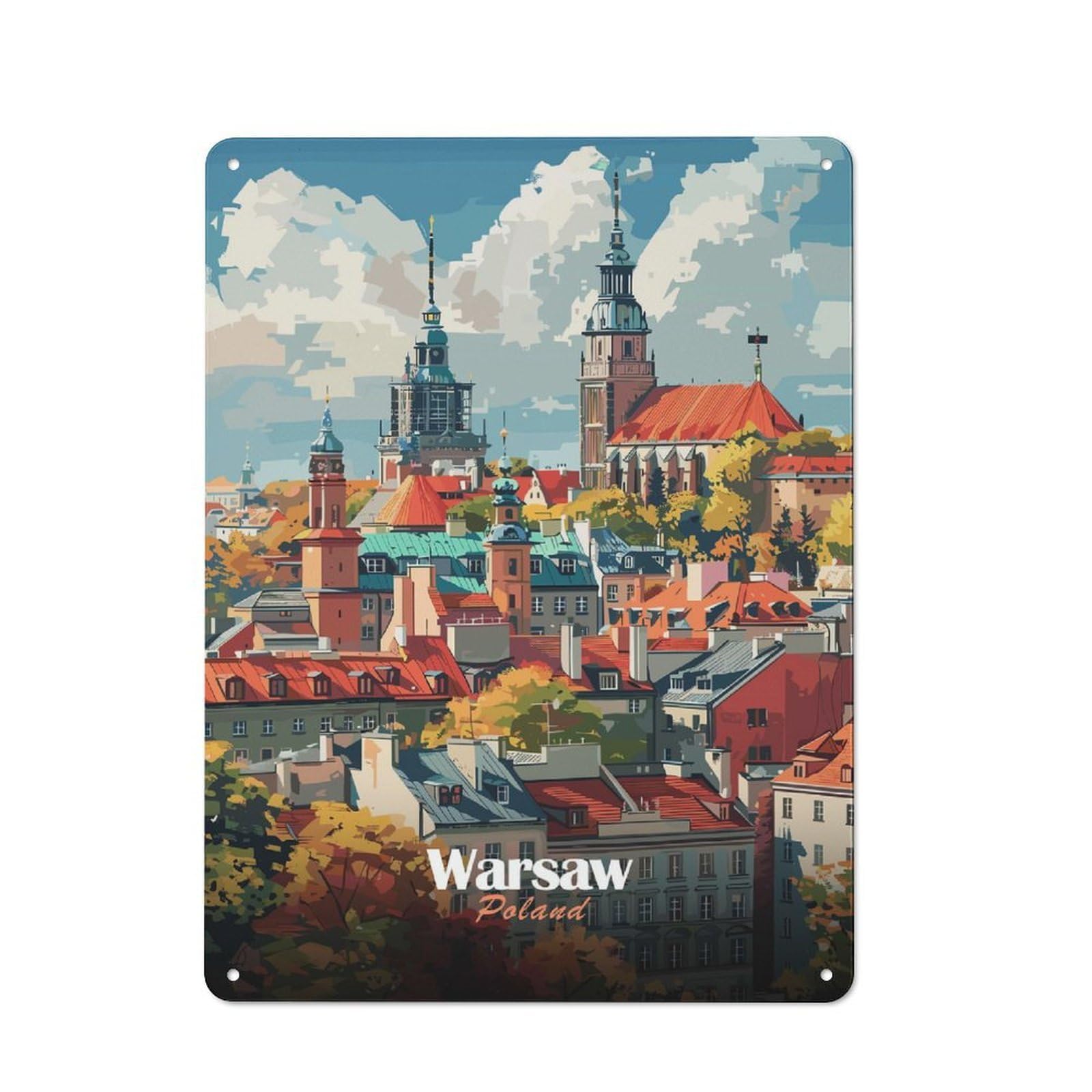 Junmoney Warsaw Cityscape Vintage Tin Sign 40X30cm Featuring Porch Wall Decor For Patio Bar, Workshop, Shed Or Kitchen