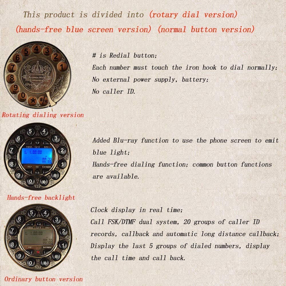 Telefon stacjonarny w stylu retro, telefon w stylu retro, staromodny telefon stacjonarny z obrotowym przyciskiem do wybierania numeru, wyświetlacz identyfikatora dzwoniącego (wybieranie obrotowe)
