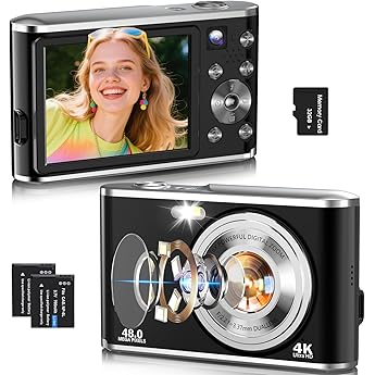 Digital Camera AutoFocus 4K Compact Camera with Dual Camera with 32GB Memory Card HD 48MP 16X Digital Zoom 2.8 Inch Large Screen Camera Digital Camera for Beginners Black