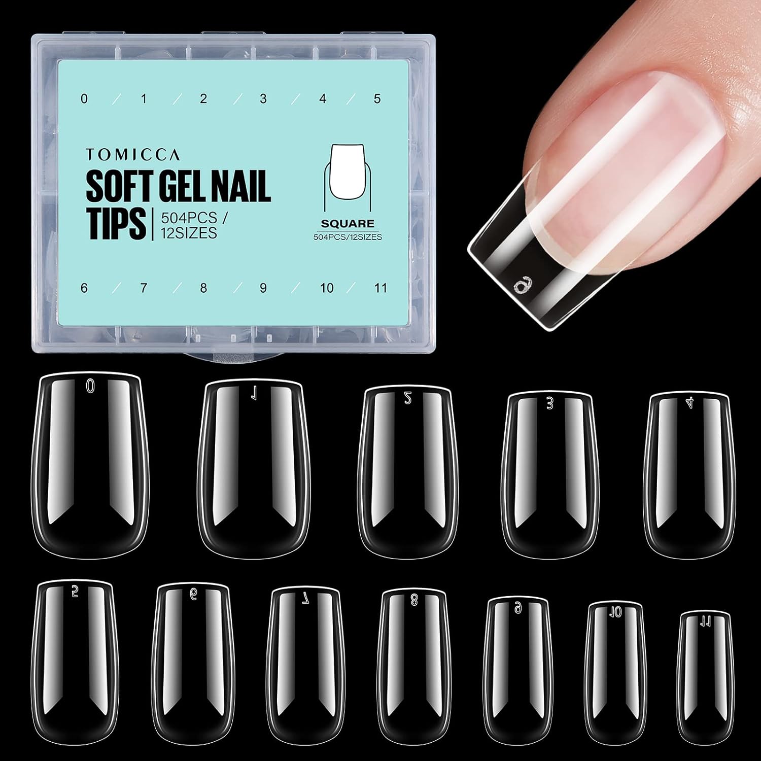 TOMICCA Short Square Nail Tips, 504Pcs Full Cover Clear