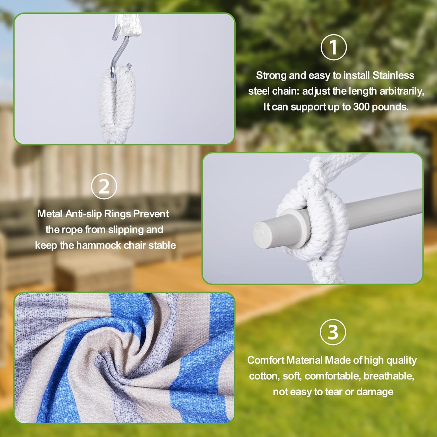 Backyard Expressions Striped Hammock Chair Hanging Rope Swing Chair, Anti Slip Steel Spreader Bar