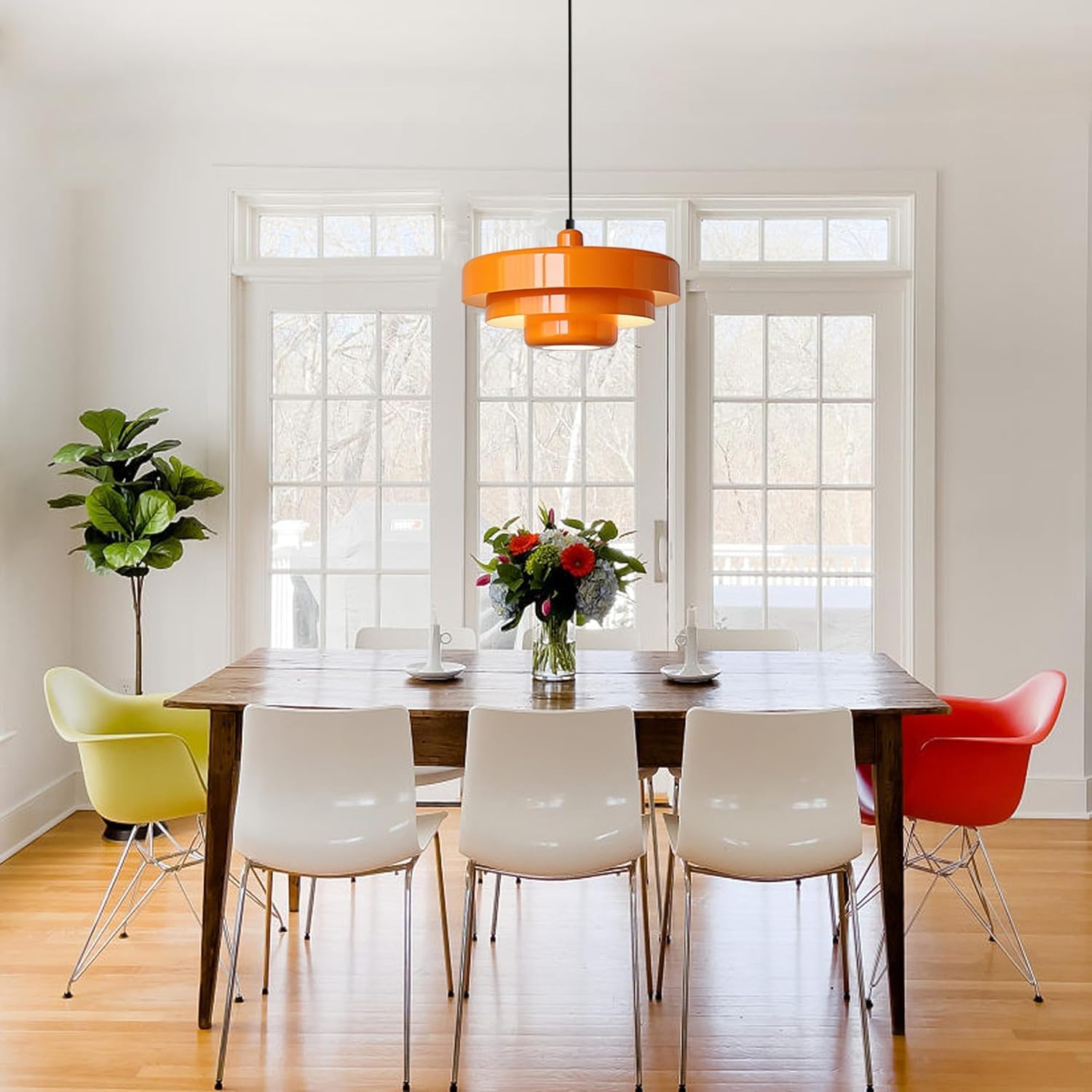 Orange Danish Modern Pendant Lamp, 3-Layer Shade Scandinavian Ceiling Light, Metal Flush Mount Fixture for Dining Table, Kitchen Island, Hallway (Hardwired)