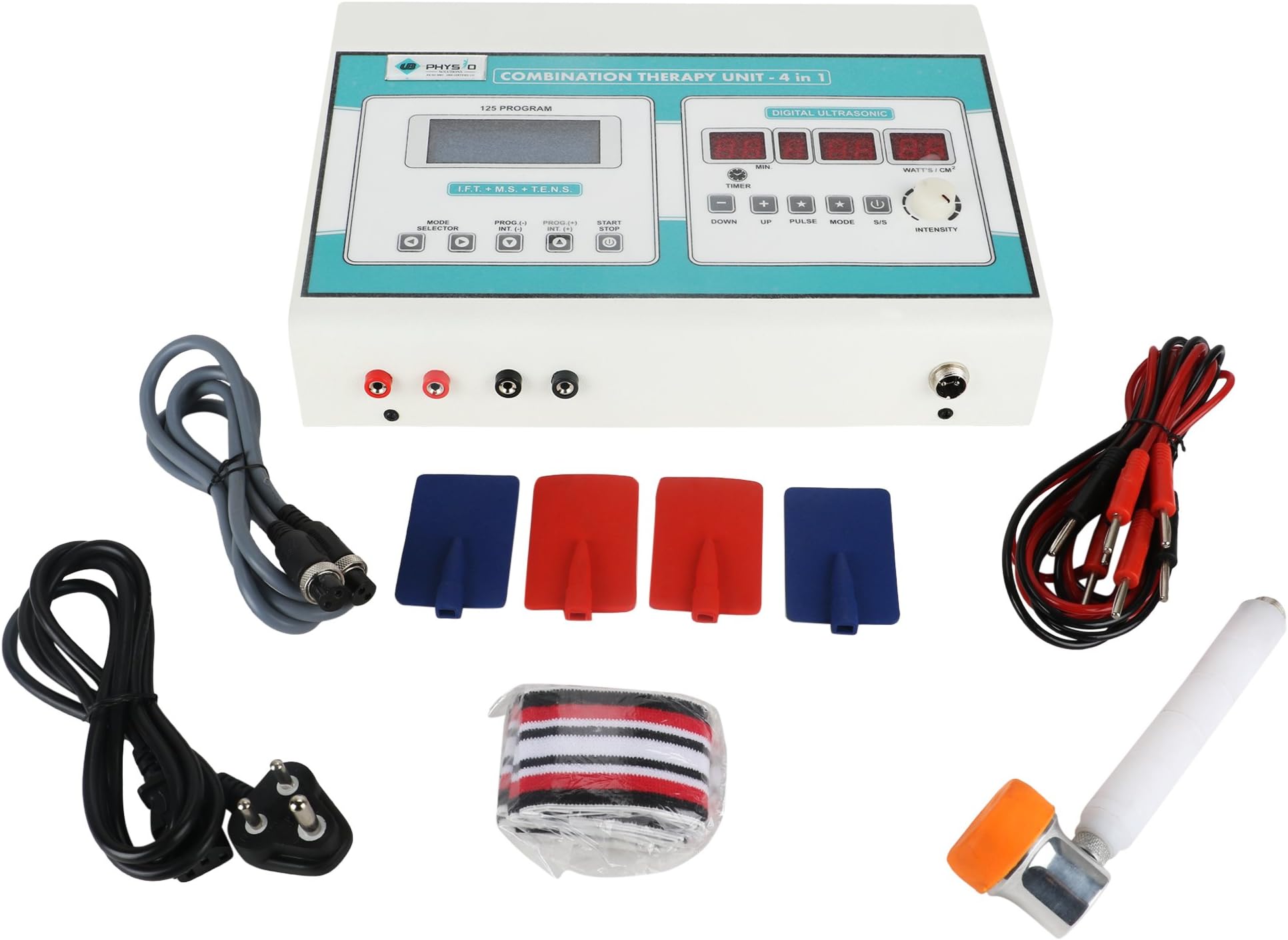 UB PHYSIO SOLUTIONS Physio Therapy Electro 4 IN 1 Combination IFT+MS+TENS (125 Program)+US Digital (Interferential Therapy+Muscle Stimulator+Transcutaneous Electrical Nerve Stimulation+Ultrasonic Therapy 1 MHz)