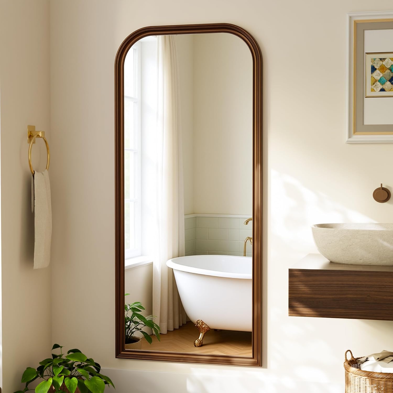 28"×69" Rounded Top Large Full Length Mirror, Arched Vintage Floor Stangding Body Mirror - PU Frame, Wall Mounted Hanging Leaning Antique Decor for Dressing Room, Entryway, Bedroom, Bronze