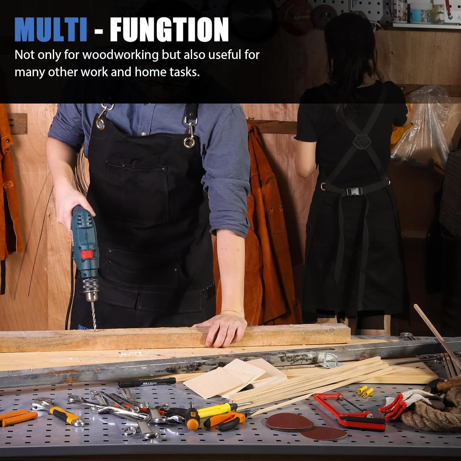 QeeLink Woodworking Shop Apron with 10 Pockets FR Waxed Canvas Work Apron - Flame Retardant - Adjustable M to XXXL for Men & Women, Black - Image 6