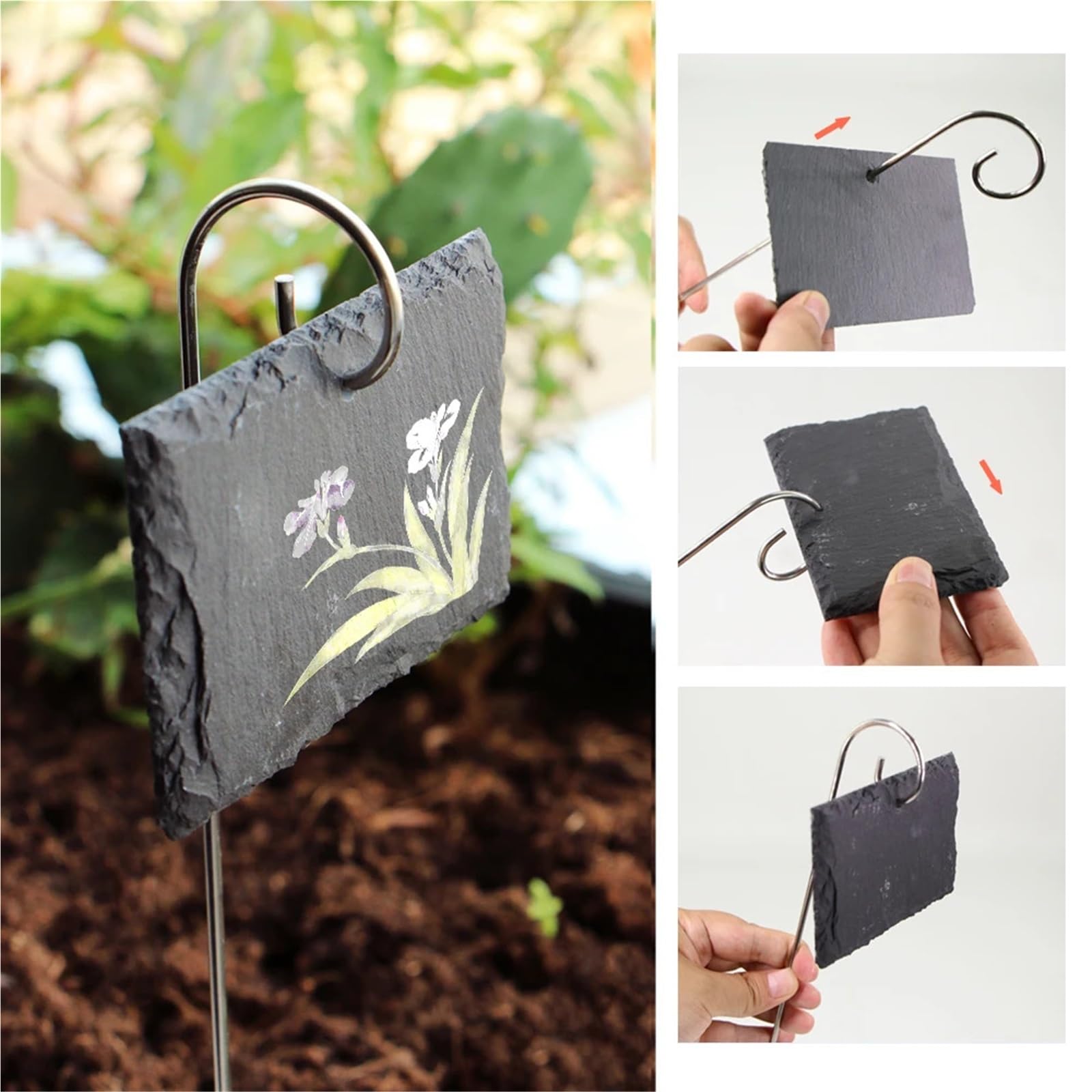 Étiquettes de plantes en ardoise avec piquets acier inoxydable Marqueurs jardin Comprend un crayon Facile à écrire Organisation et décoration Pour Fleurs(20x10cm)
