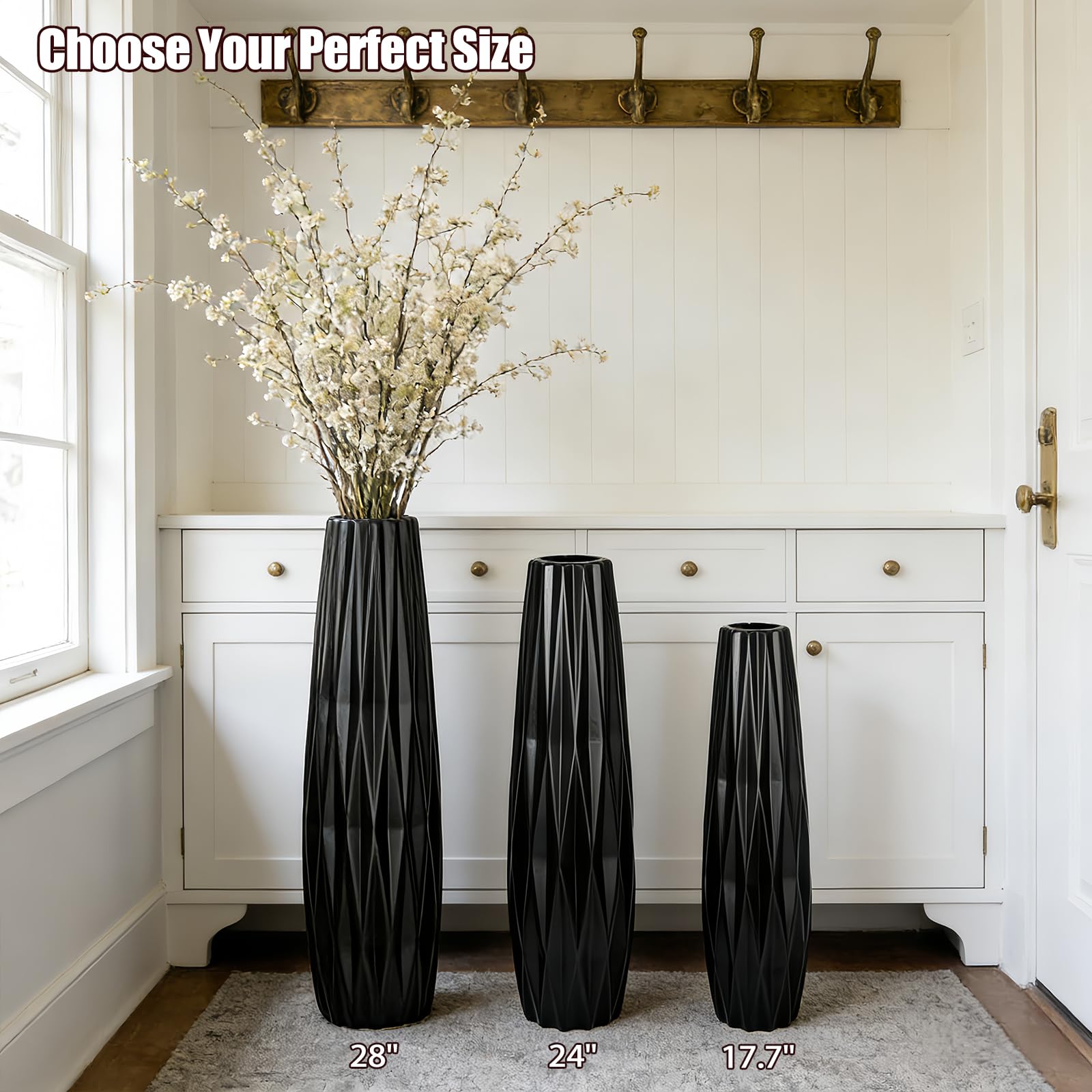 Moderne 60CM Schwarze Keramik Bodenvase,Hoch,24" Dekorative Vase für Pampasgras,Blumen und Trockenblumen,Ideal für Wohnzimmer und Büro
