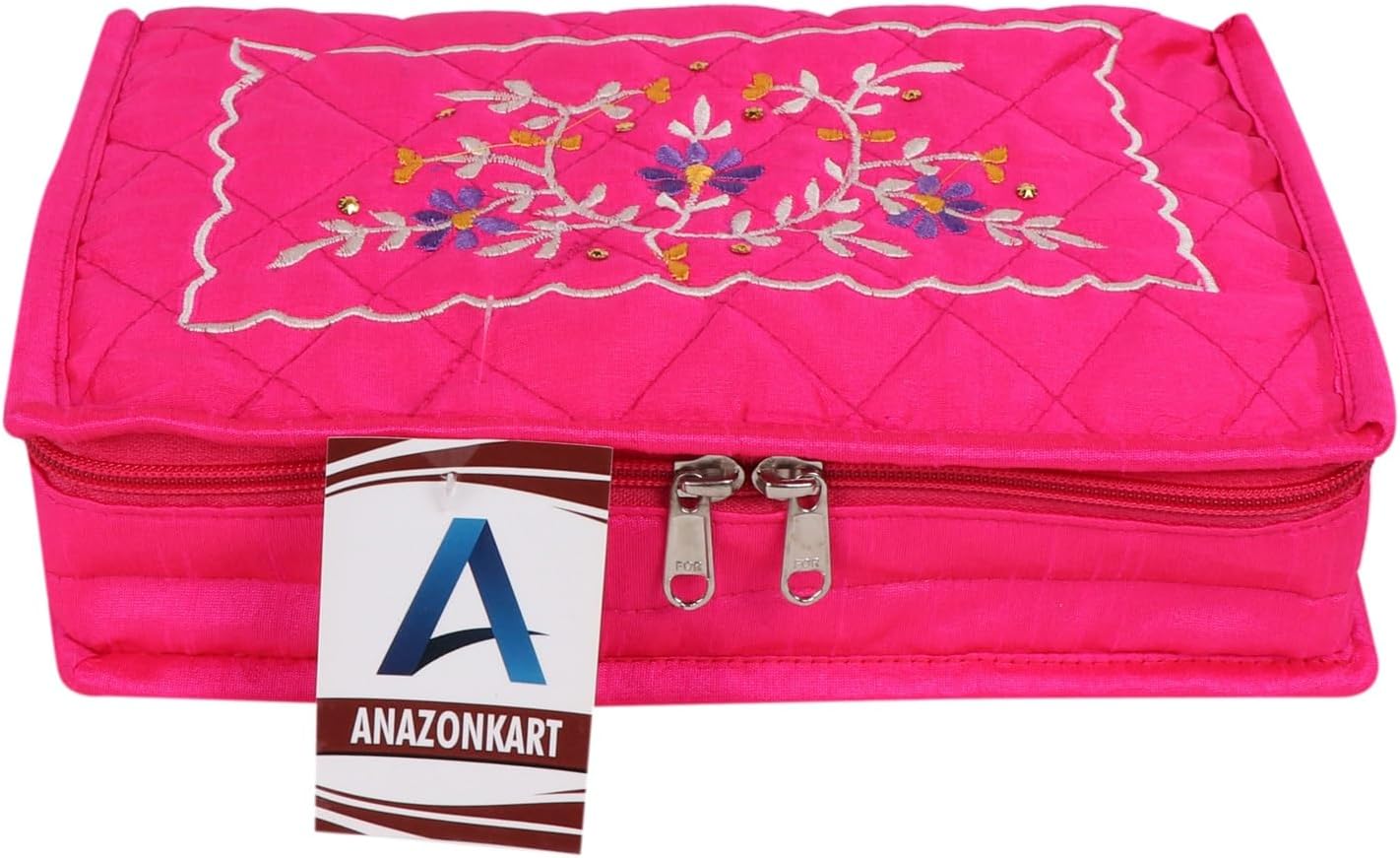 ANAZONKART(TM) Cotton Jewellery Kit| Pink Fancy Embroidered Front With Zipper closure|2 Large & 4 Small Pockets|Size 27 x 16 x 7 CM, Pack of 1