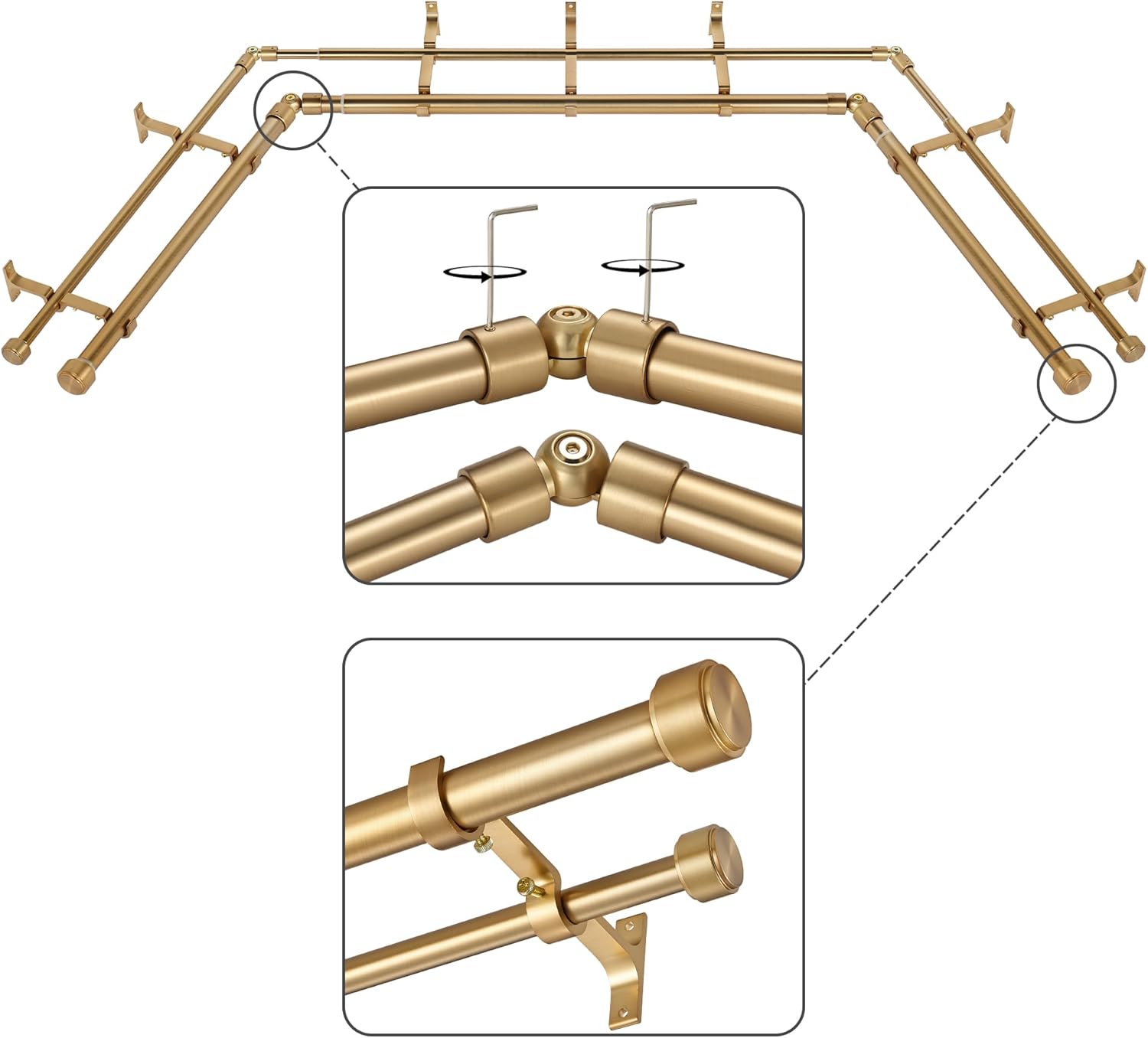 Warm Gold Double Bay Window Curtain Rods with Aluminum End Cap Finials and Brackets,1 Inch Diameter Dual Corner Window Curtain Rods, 2 Sided 20-36" and 36-72" Center Extendable Curtain Rod 20-36"&36-72"&20-36" Warm Gold