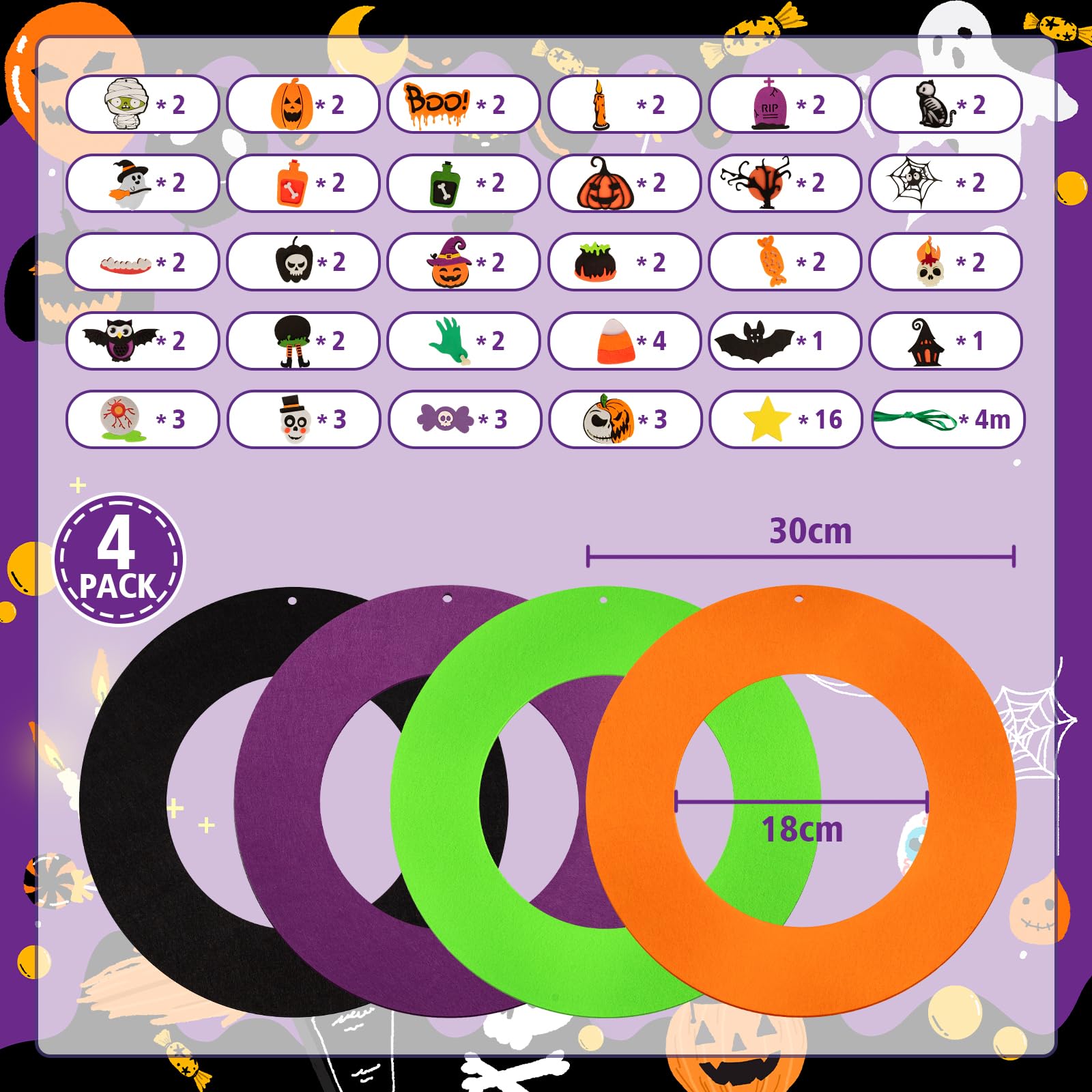 Benjia 4 Pack Halloween Wreath Craft Kits for Kids DIY Felt Wreath Halloween Ornaments with Bandage Zombie, Owl - Image 2