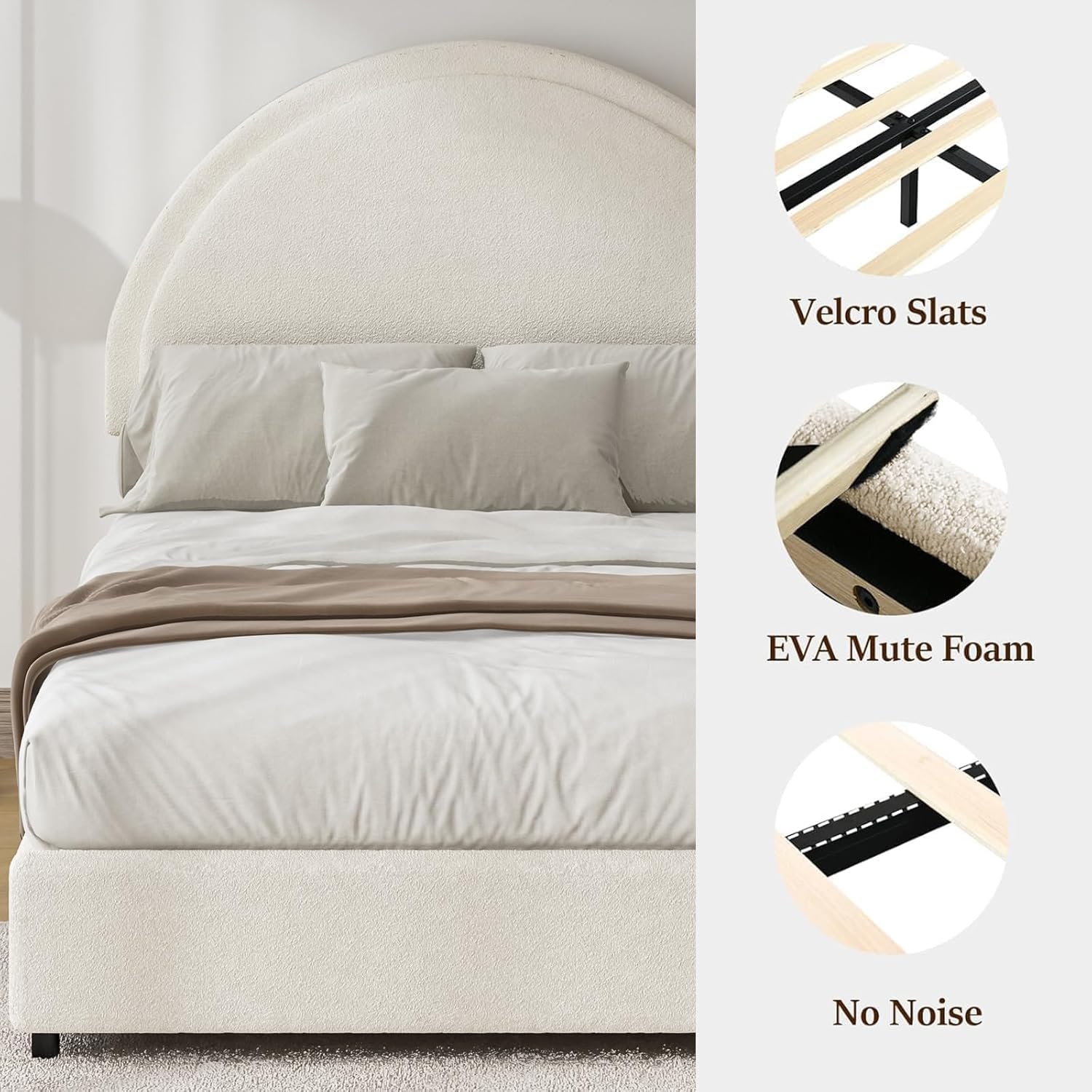 King Size Bed Frame, Boucle Upholstered Platform Bed Frame, Soft Bed Frame with Round Headboard, No Box Spring Required, Easy Assembly, White