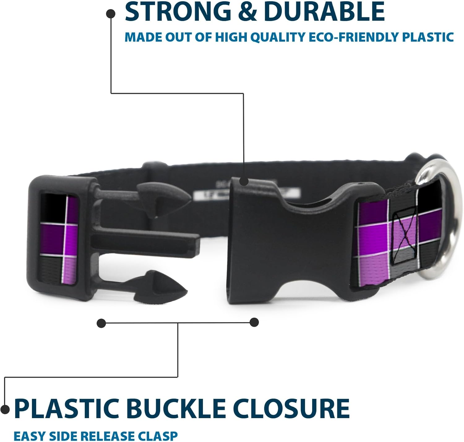 Buckle-Down Plastic Clip Collar - Checker Mosaic Purple - 1.5" Wide - Fits 16-23" Neck - Medium