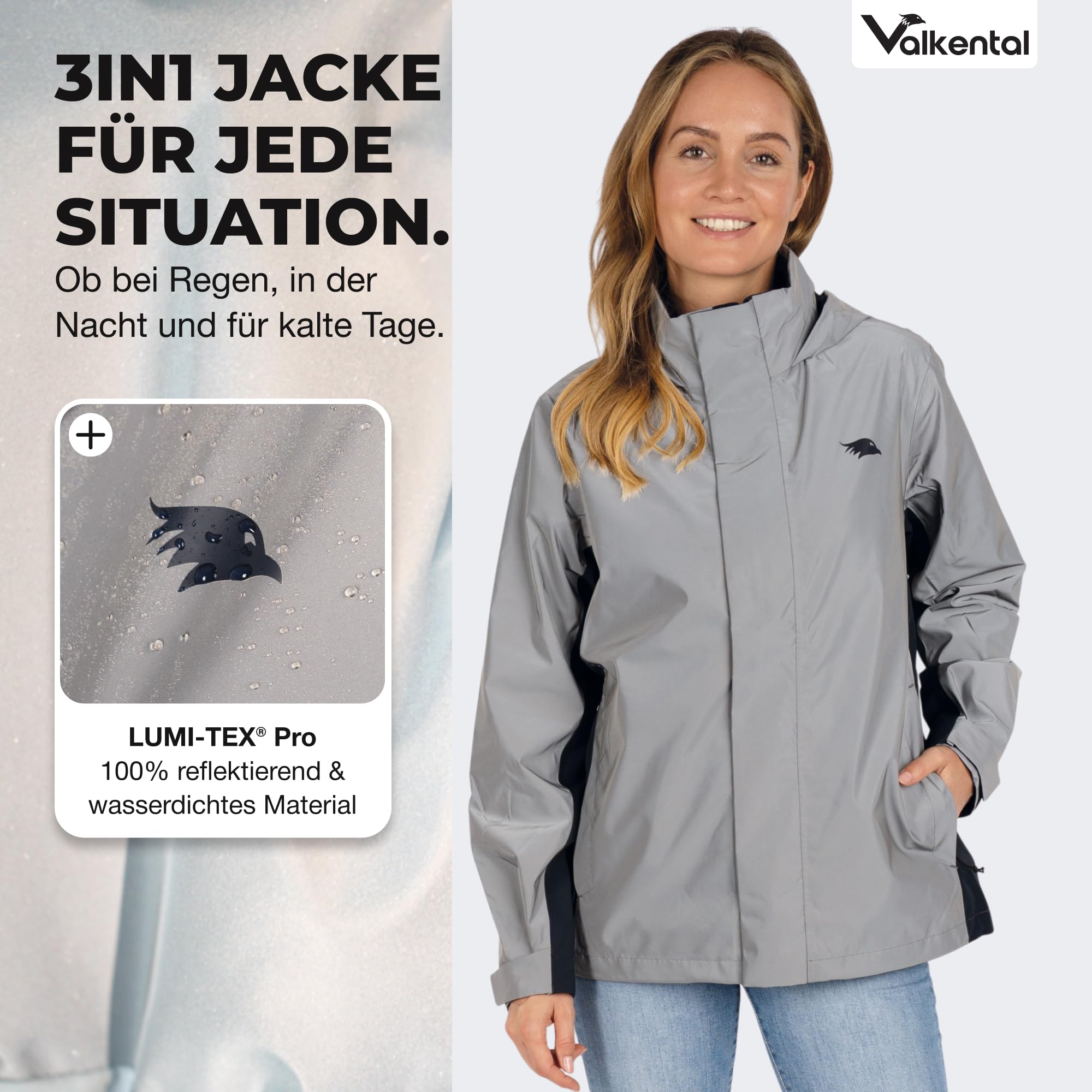 Valkental - Reflektierende & Wasserdichte 3in1 Jacke Damen [Fleece Zipp-In & Verstaubare Kapuze] Geeignet als Winterjacke, Regenjacke & Fahrradjacke - 10.000mm Wassersäule - Doppel Reißverschluss