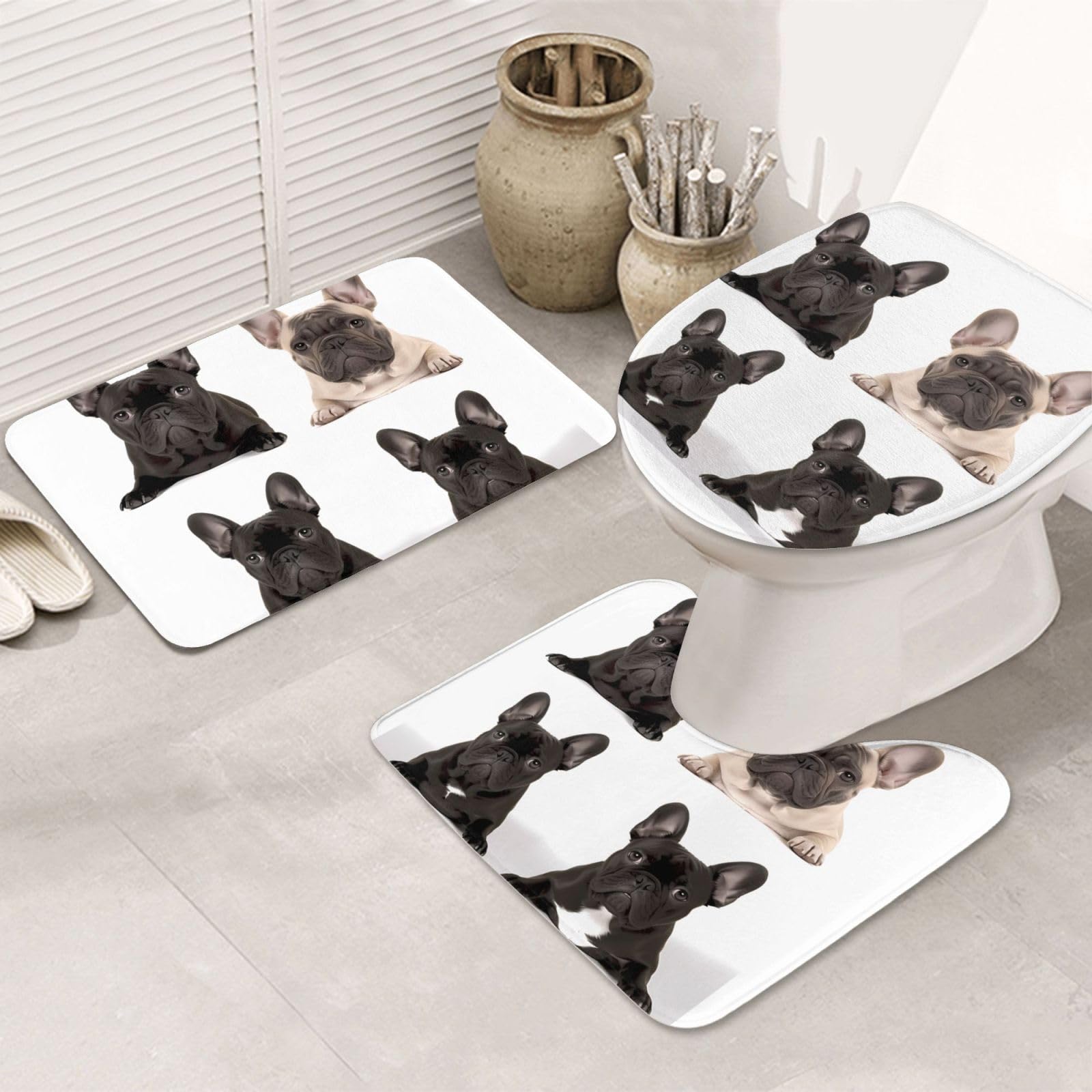 Tapis de bain bouledogue haute qualité, ensemble 3 pièces doux et chic