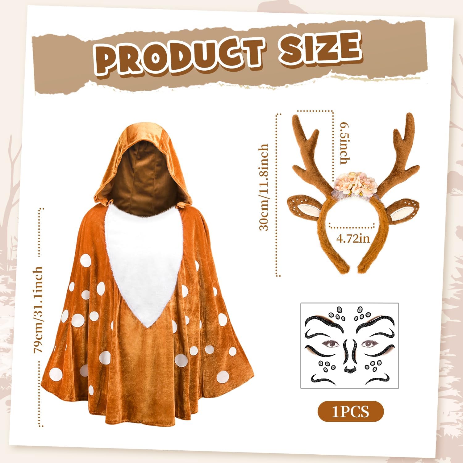 MOVINPE Deer Poncho Reindeer Costumes Accessory Set for Women – 3 Piece Holiday & Halloween Outfit with Antler Headband, Hooded Reindeer Cape, Face Tattoos & Gem Stickers - Image 2