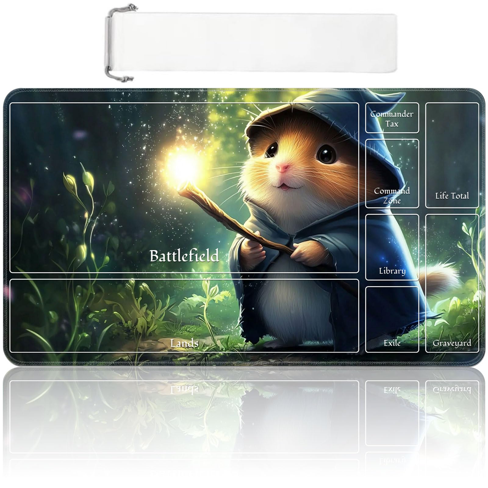MTG Playmat with Zones 24x14 Inch – Trading Card Game Mat for Magic The Gathering, TCG Playmat with Free Storage Bag, Non-Slip Rubber Base Card Battle Play Mat, Wizard Hamster