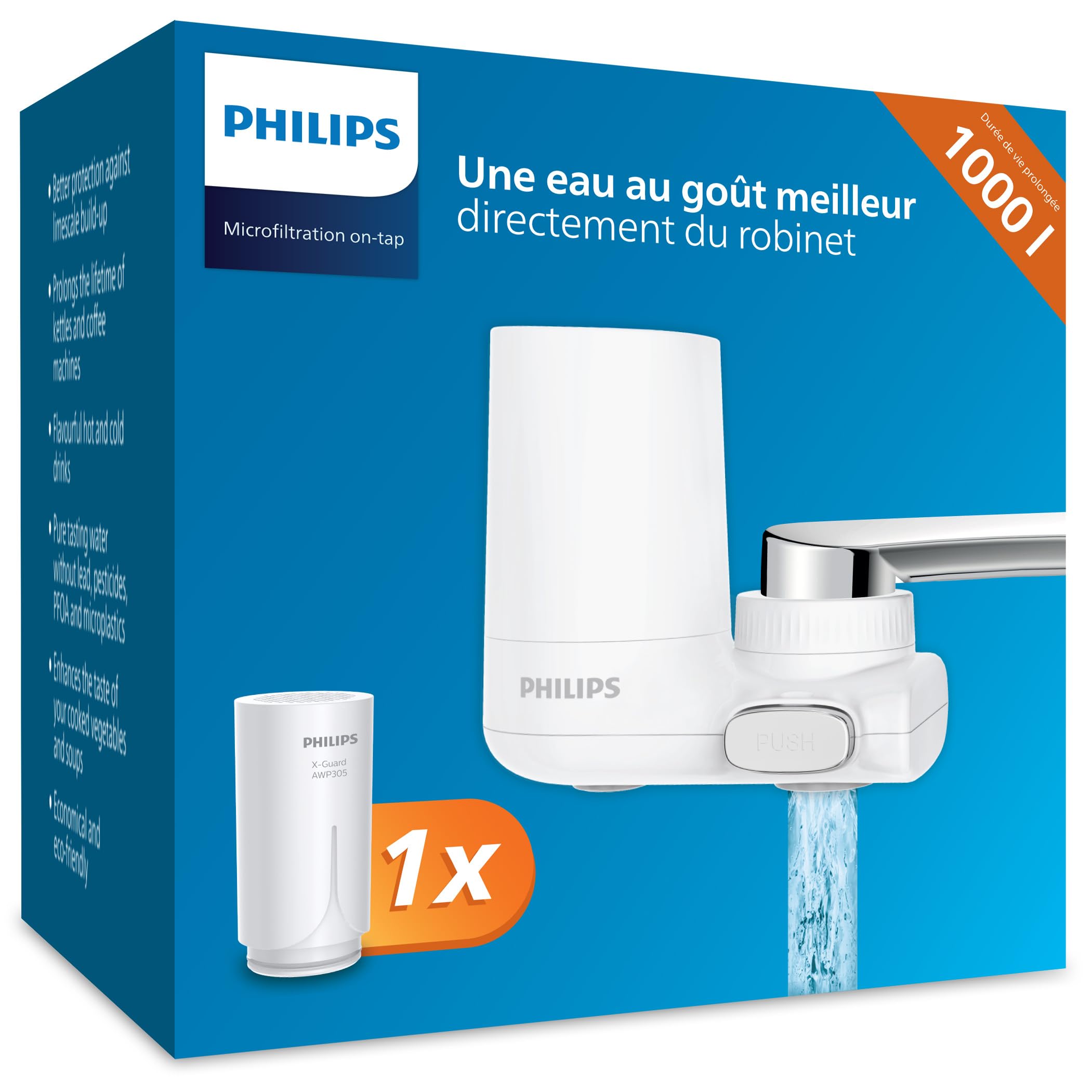 Philips Water Filtre à Eau sur Robinet AWP3703/​10 Ontap - Microfiltration, Filtre le Chlore, les Sédiments et d'Autres Substances Altérant le Goût, Capacité de Filtration de 1.000 L