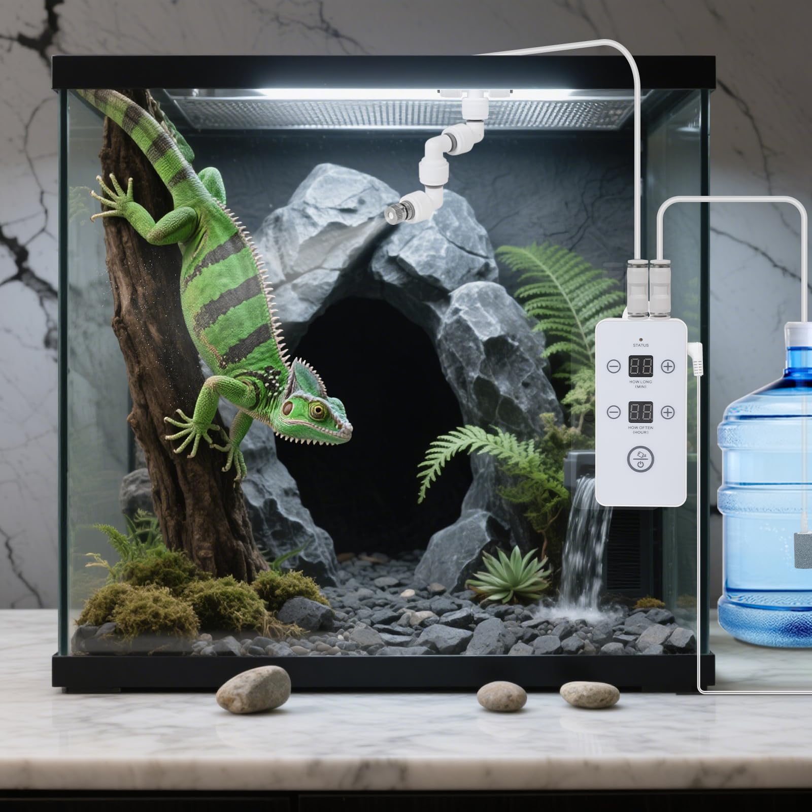 CPROSP Sistema de Riego de Terrario, Humidificador de Reptiles con Temporizador y Cabezal Ajustable de 360°, Nebulizador Reptiles para Reptiles, Anfibios, Plantas y Flores